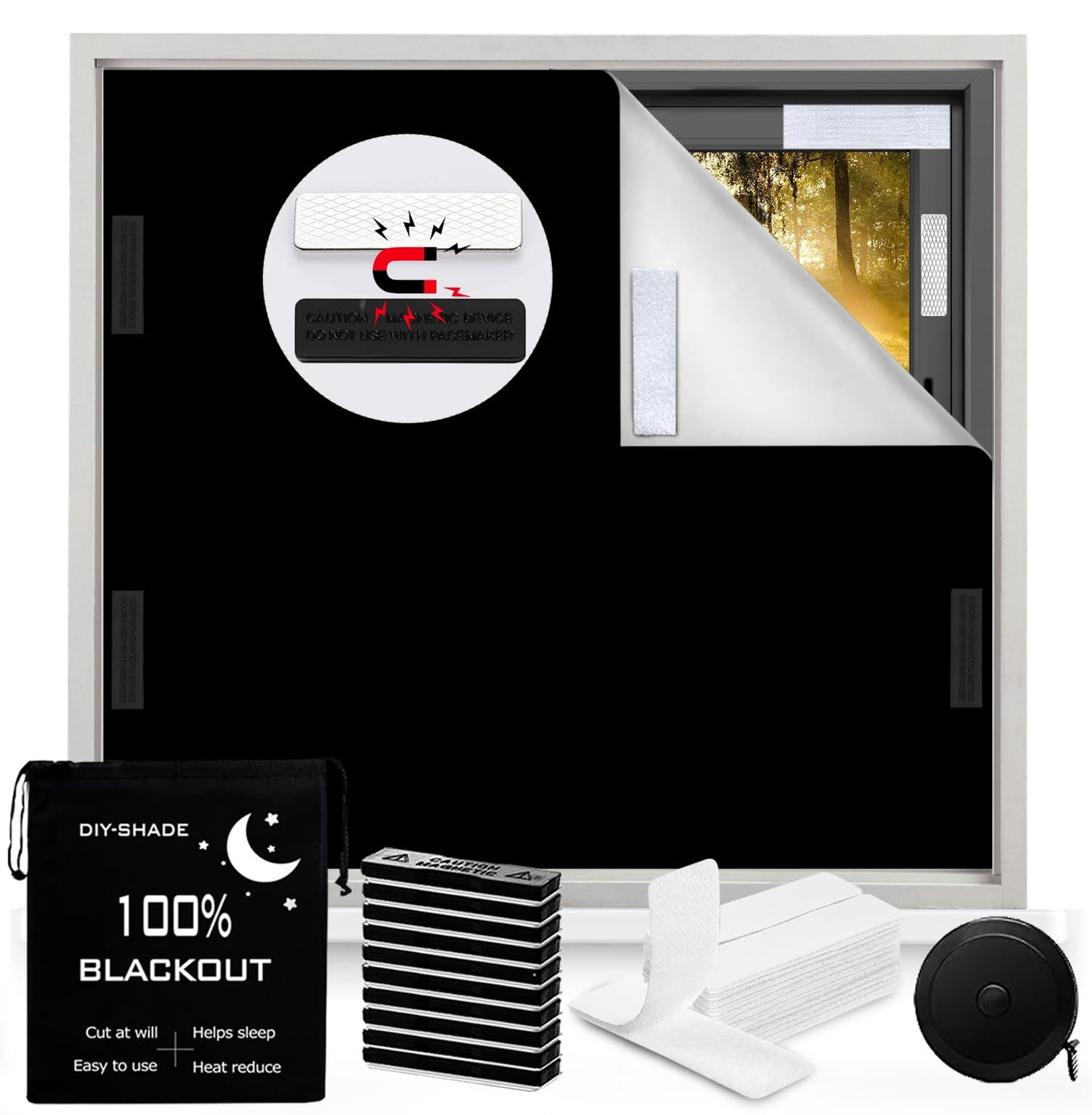 100% Blackout Blind Magnetic Portable Blackout Curtains 118 x 57Inch,Black Out Window Cover with Strong Magnet No Drill Cuttable Window Shades for Bedroom,Nursery,Rv,Media Room (Black)