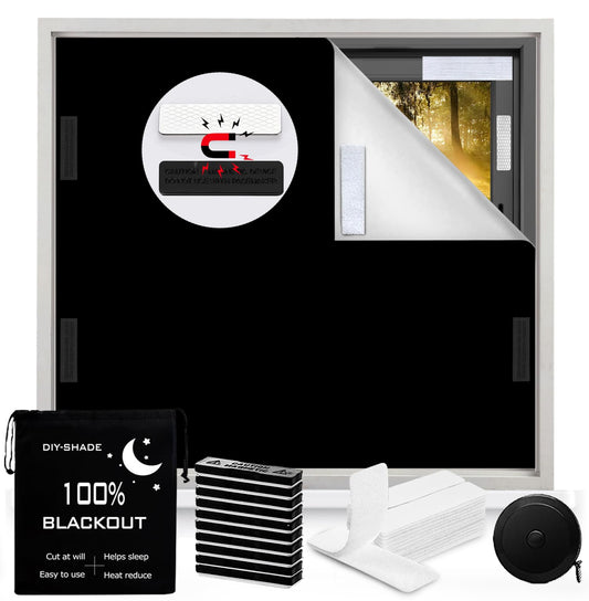 100% Blackout Blind Magnetic Portable Blackout Curtains 118 x 57Inch,Black Out Window Cover with Strong Magnet No Drill Cuttable Window Shades for Bedroom,Nursery,Rv,Media Room (Black)