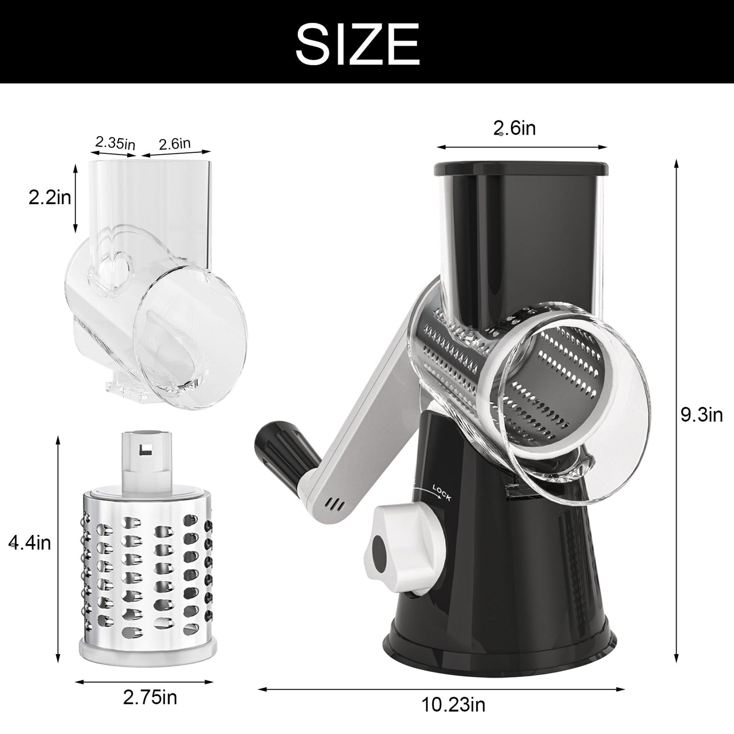 Cambom Rotary Cheese Grater Hand Crank Cheese Shredder for Fresh Cheese, Vegetable, Nuts,Non-Slip Suction Base, Five Blades, Black