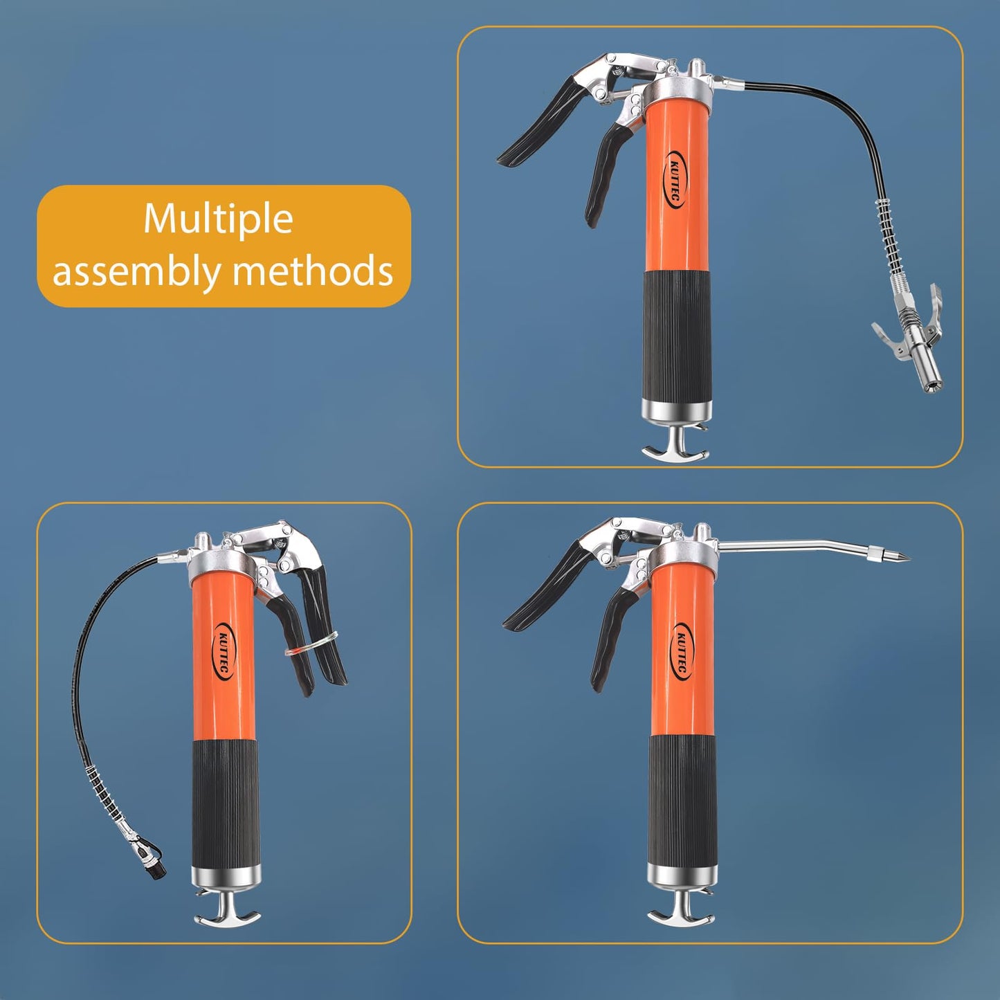 Kuttec Grease Gun，Professional 9000 PSI Heavy Duty 400 cc/14oz. Pistol Grip Grease Gun kit Include 1 Quick Release Coupler,1 Lock Coupler,1 Spring Flex Hose,2 Hose,1 Sharp Nozzle,1 Rigid Pipe.