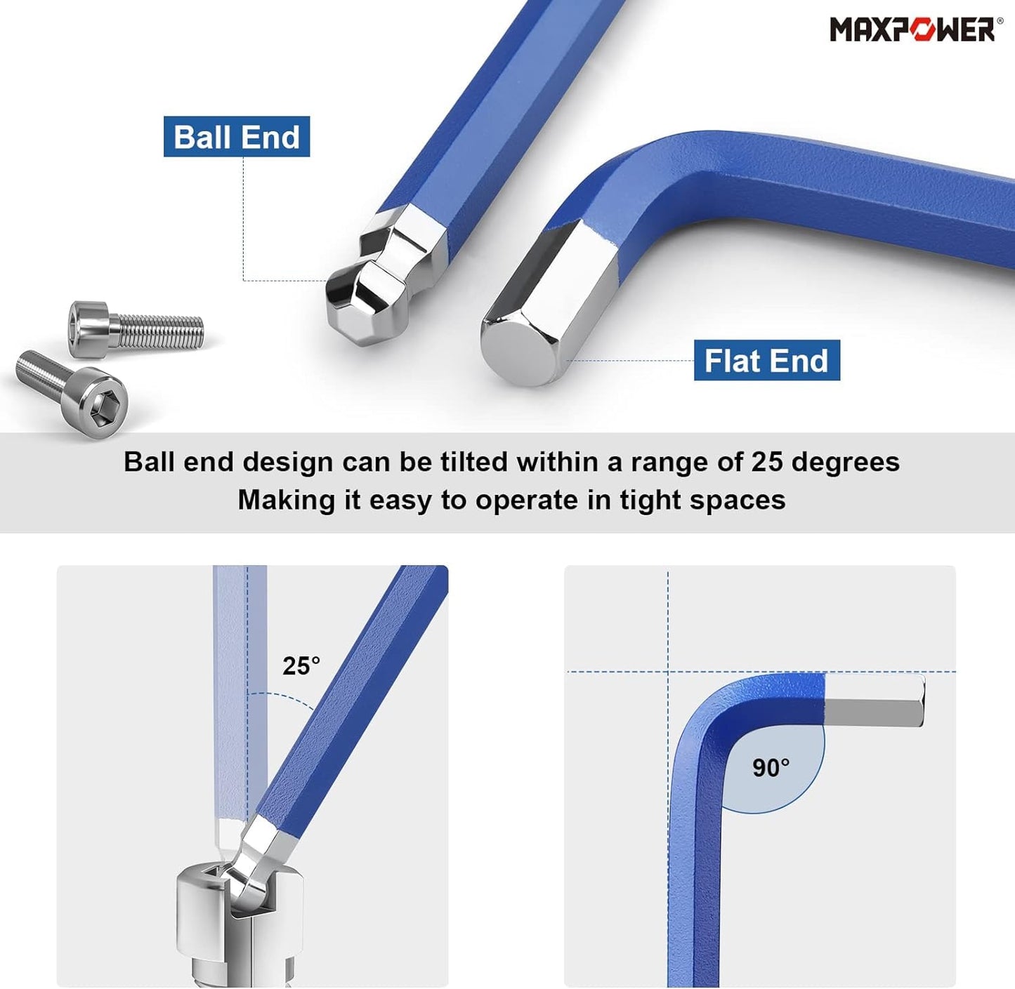 MAXPOWER 18-Piece Allen Key Set, Metric and Imperial Hex Key Coloured with Extra Long Arm Ball End T-Handle