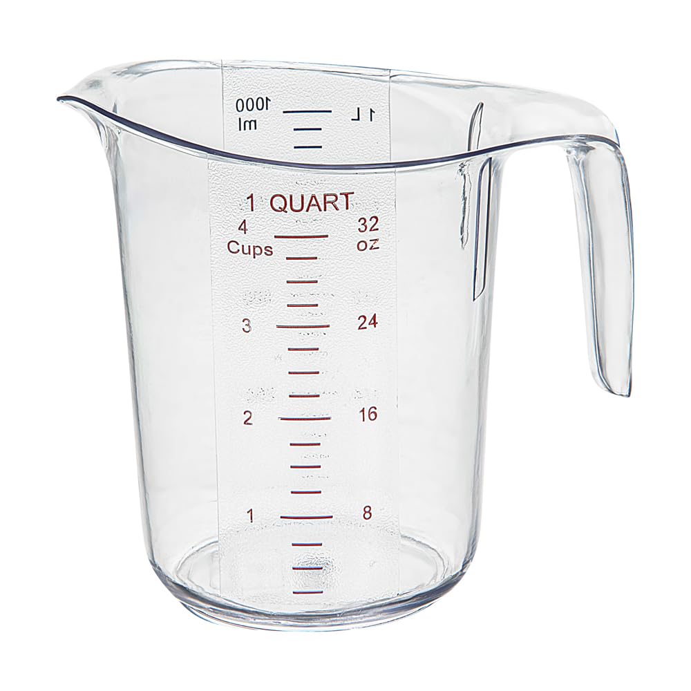 Restaurantware-Chef 101 1 Quart Measuring Jars, 10 Durable Measuring Beakers - Metric and Imperial Units, V-Shaped Spout, Clear Plastic Cups, Handle with Thumb-Grip, Tolerates Up to 248F