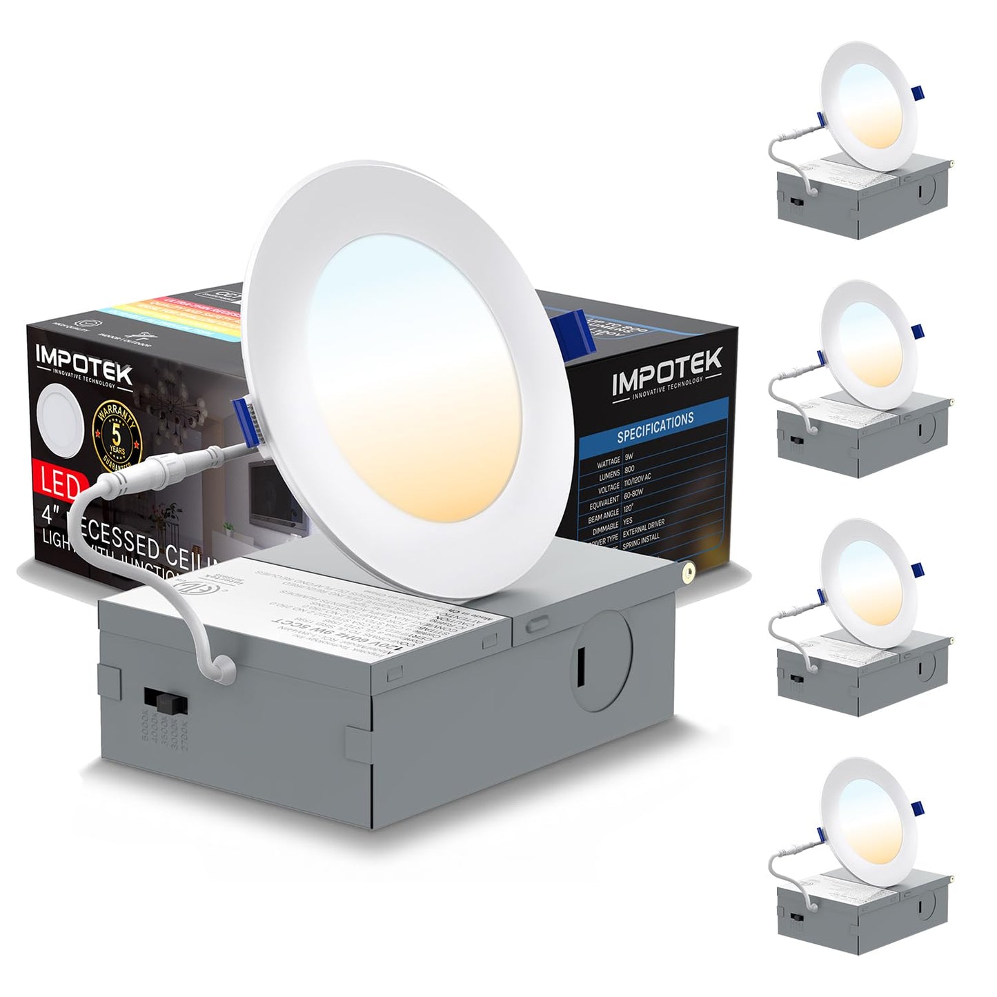 IMPOTEK 4 Inch LED Recessed Ceiling Slim Pot Lights with Junction Box 5 CCT 2700K/3000K/3500K/4000K/5000K Dimmable ICRated ETL Energy Star Listed 9W 800LM - RCL1-9W4IN (Pack of 4)