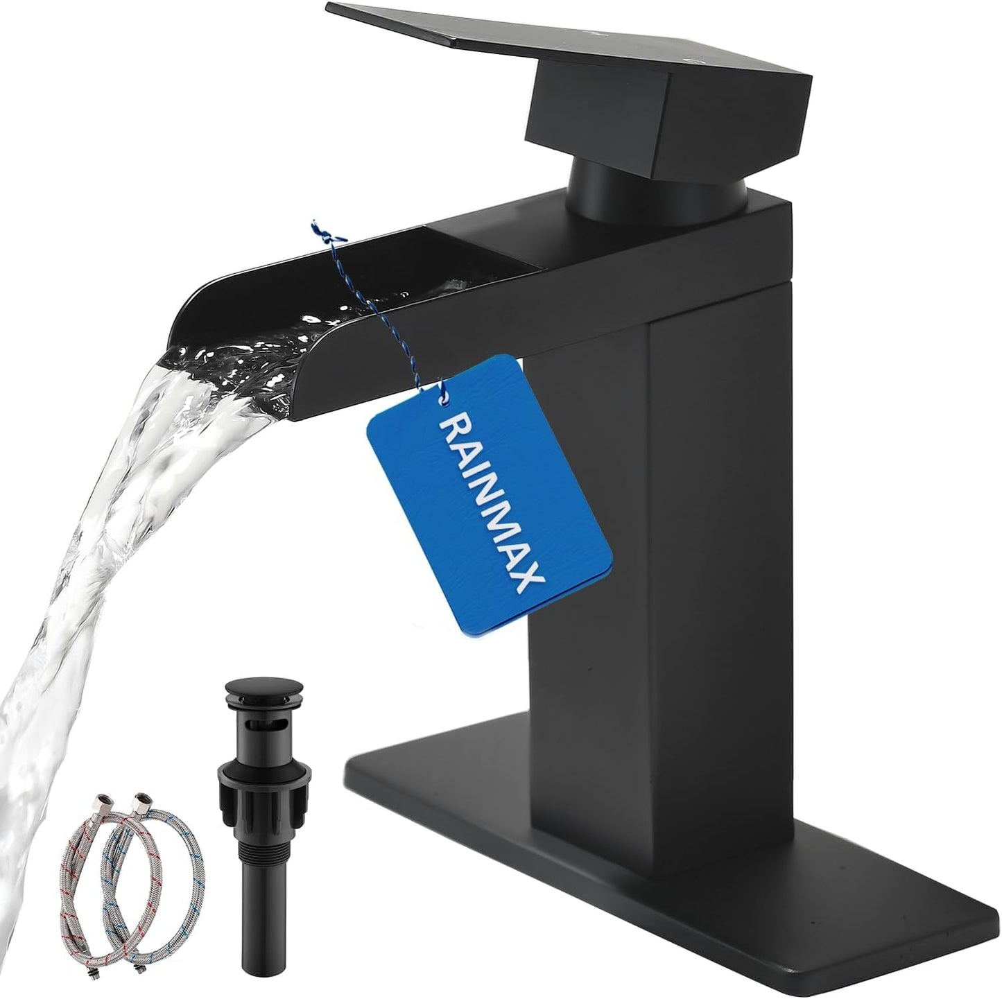 Matte Black Waterfall Bathroom Faucet, Single Handle Stainless Steel Bathroom Sink Faucet for 1 or 3 Hole, Rv Vanity Camper Farmhouse Lavatory Faucets with Pop-up Drain and Deck Plate, KMBF014B