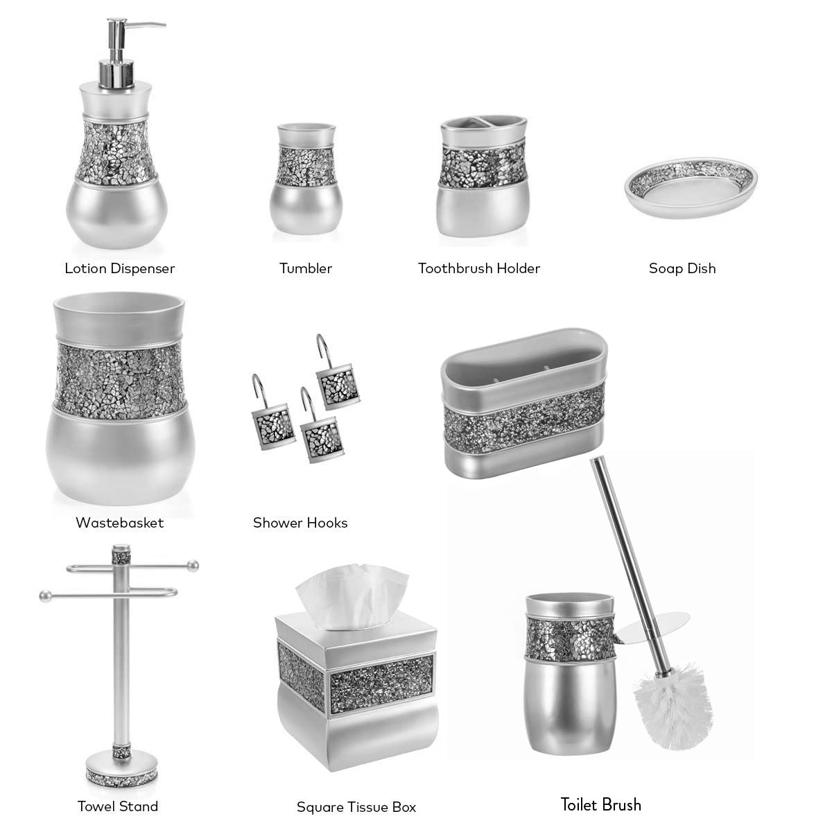 Crackled Glass Toilet Brush with Holder - Silver Toilet Bowl Cleaner Brush and Holder - Good Grip, Deep Cleaning, Decorative Design Compact Toilet Bowl Scrubber