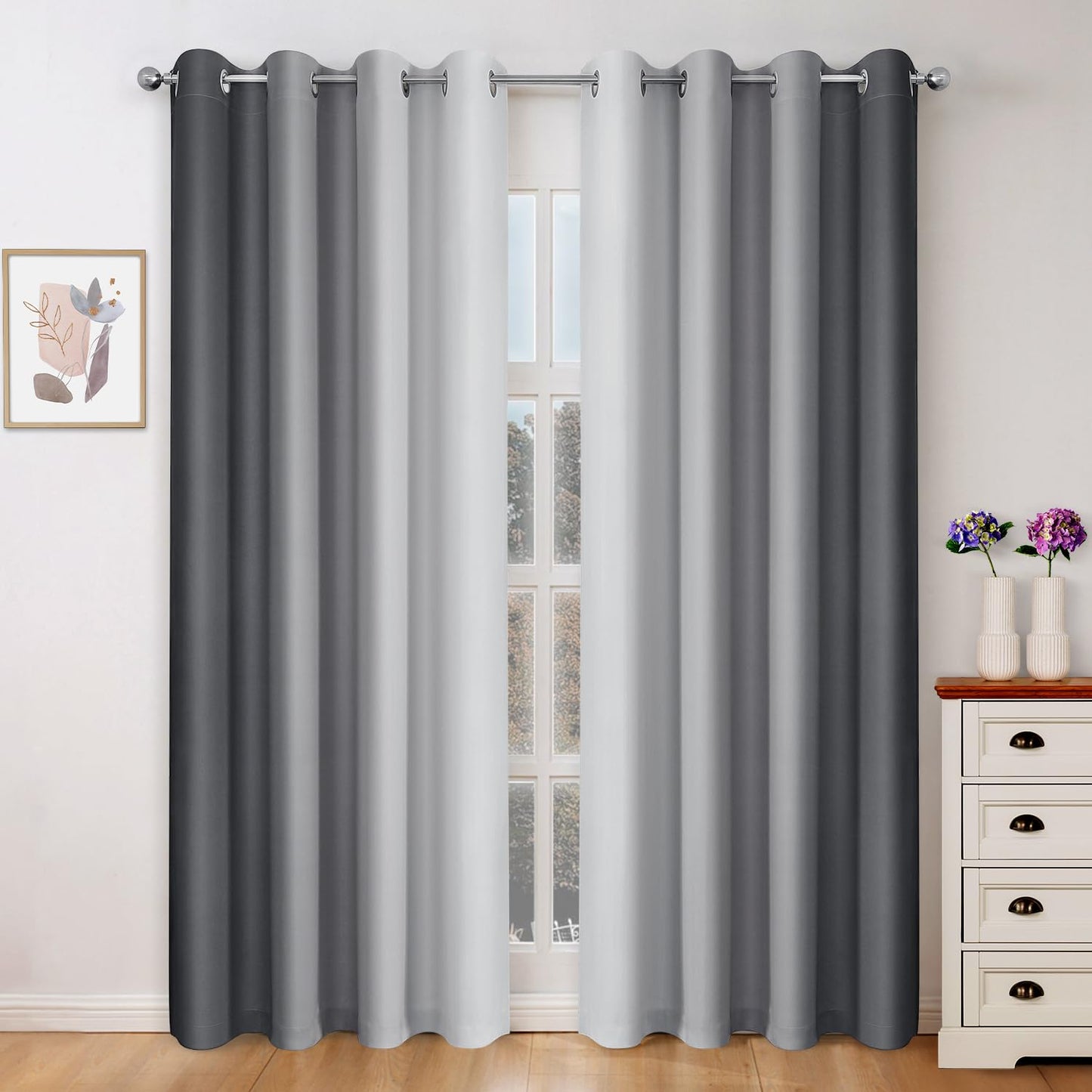 HOMEIDEAS Gray Grey Ombre Blackout Curtains, 52 X 84 Inch Length Gradient Color Room Darkening Curtains with Grommet Thermal Insulated Window Curtains & Drapes for Living Room, Bedroom, 2 Panels