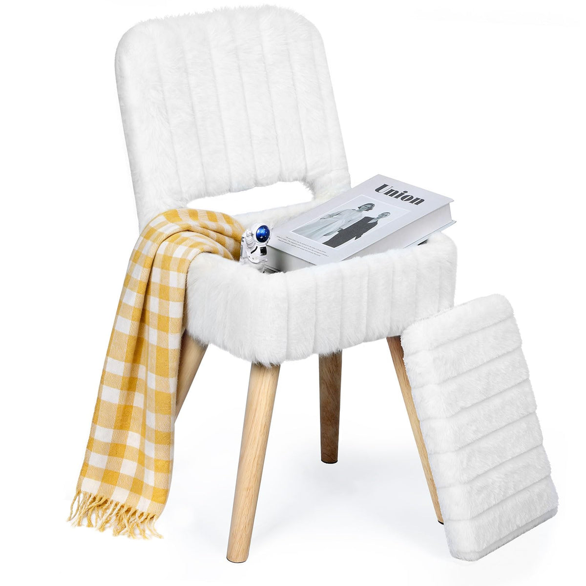 KANEODOT Vanity Stool with Folding Backrest & Storage,Faux Rabbit Fur Small Makeup Chair with 4 Solid Wood Legs,11.4" D x 14.9" W x 28.7" H,Soft Ottoman for Living Room,Bedroom,Closet,White
