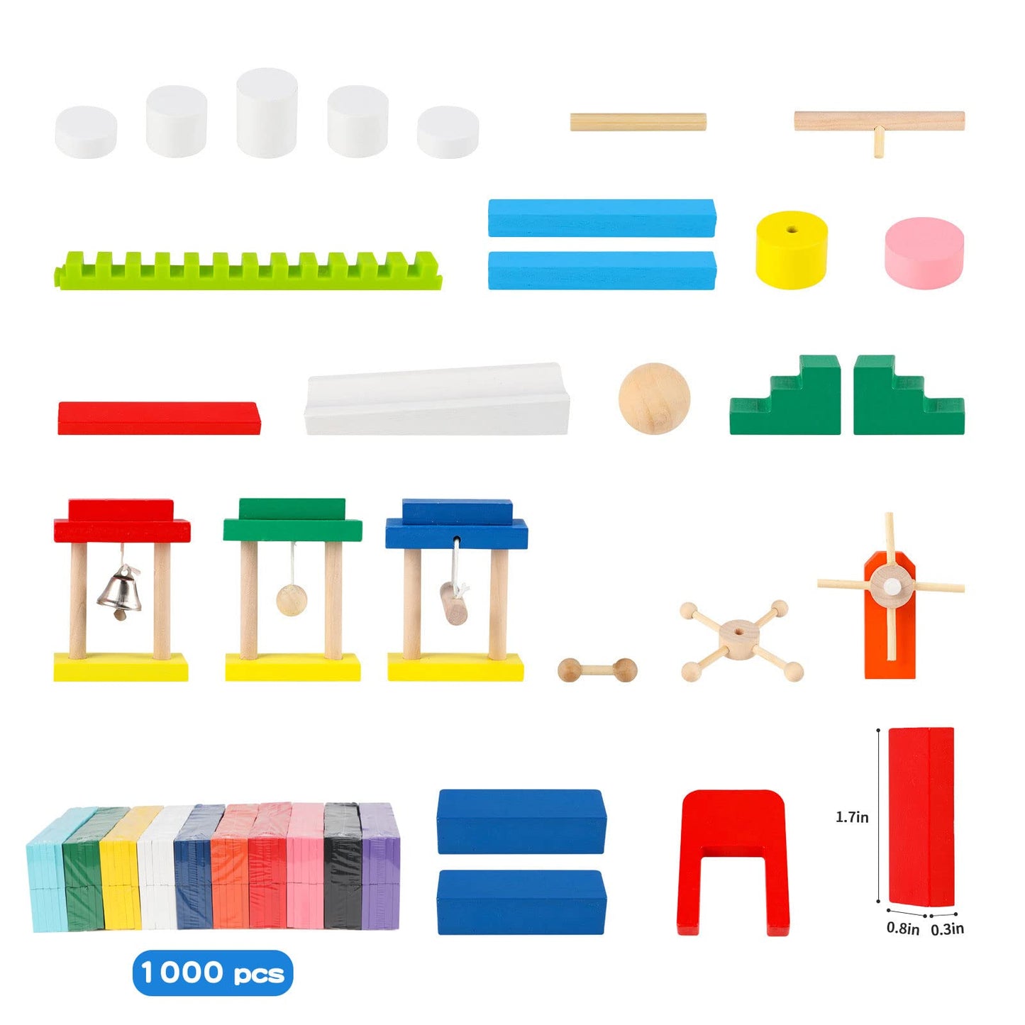 1000 PCS Dominoes Set for Kids Wooden Building Blocks 10 Colors Bulk Dominoes Racing Tile Games Educational Toy for Kids Birthday Party with 26 Add-on Blocks and 1 Storage Bag