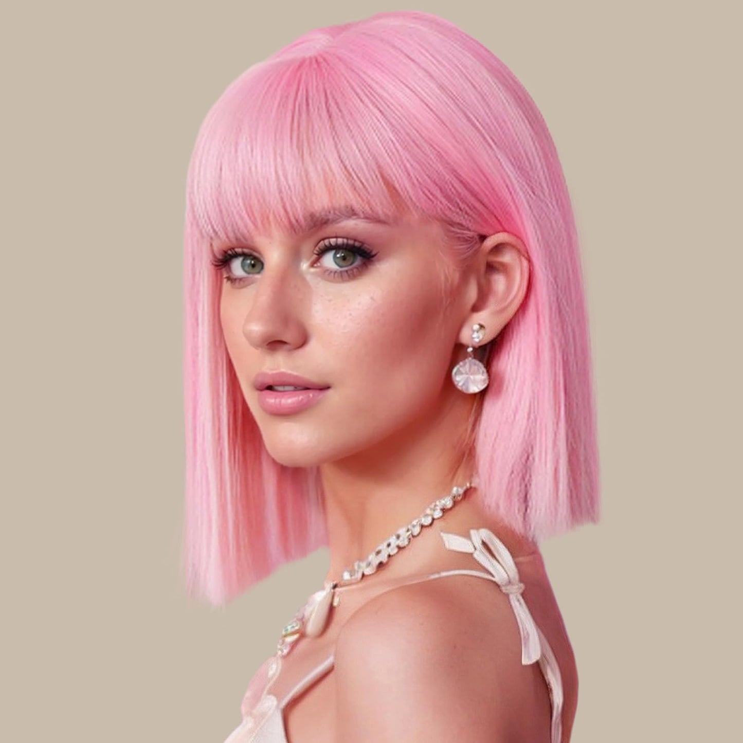 SUKRI Bob Pink Wig with Short Bangs Pink Bob Wig for Women Straight Bob Bangs 12 Inch Heat Resistant Natural Synthetic Hair Daily Use