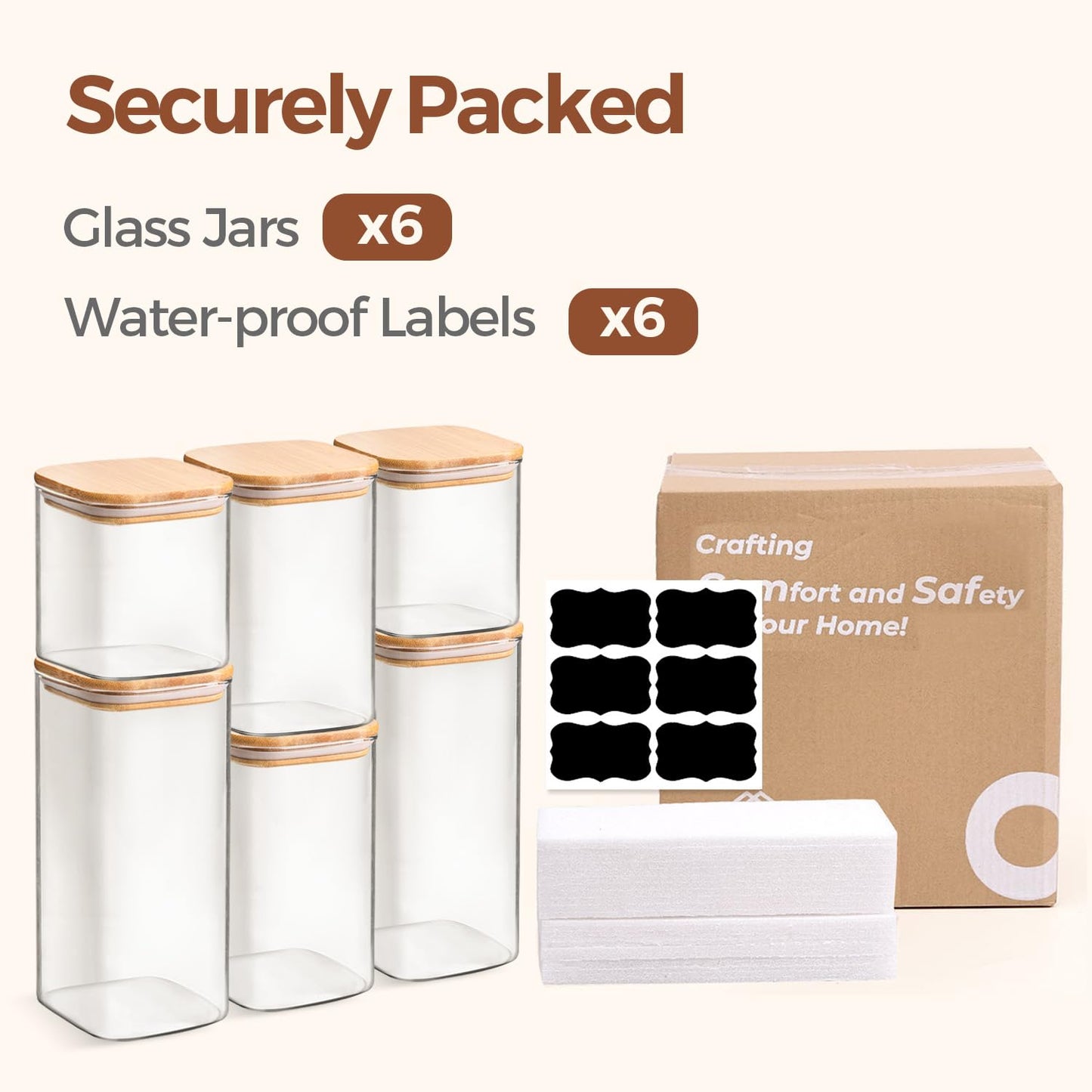ComSaf Airtight Glass Storage Canister with Bamboo Lid (650ML/1.1L/1.5L) Set of 6, Clear Food Storage Container Kitchen Pantry Storage Jar for Flour Cereal Sugar Tea Coffee Beans Snacks, Square