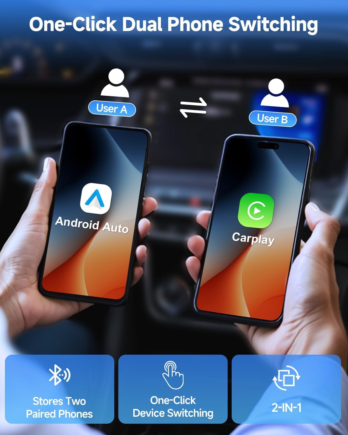 FAHREN 𝟐𝟎𝟐𝟔 𝐔𝐩𝐠𝐫𝐚𝐝𝐞𝐝 2-in-1 Wireless CarPlay Adapter & Android Auto Adapter, One-Click Disconnect & Device Switching, Mini Size 3s Auto Reconnect, Stable 5GHz WiFi & Bluetooth, Plug & Play