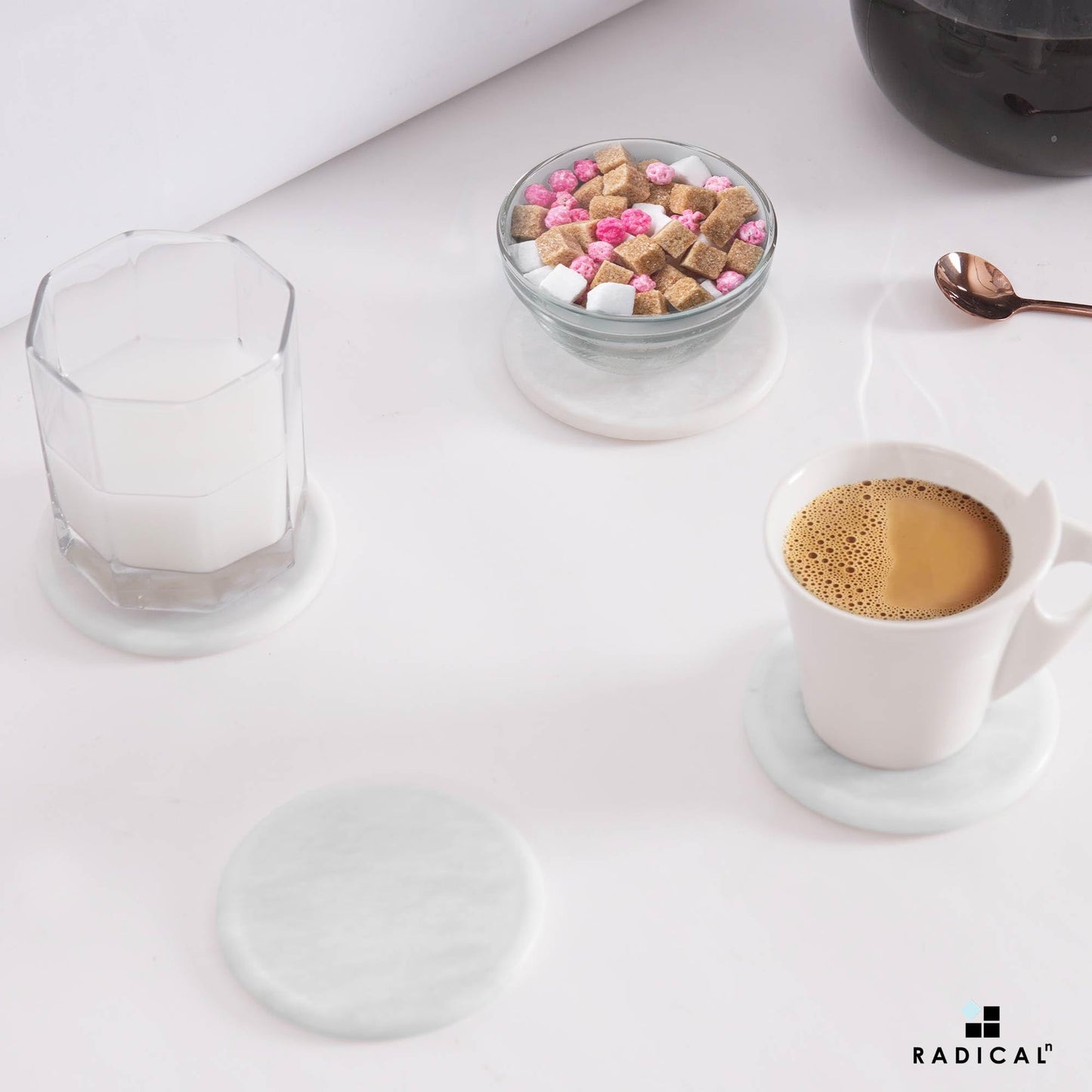 Radicaln Marble Coasters Set of 6 White 8.89 Cm Round Coaster Drink Coasters for Coffee Table, Kitchen & Dining Decor | Durable Stone Cup Holder Gift