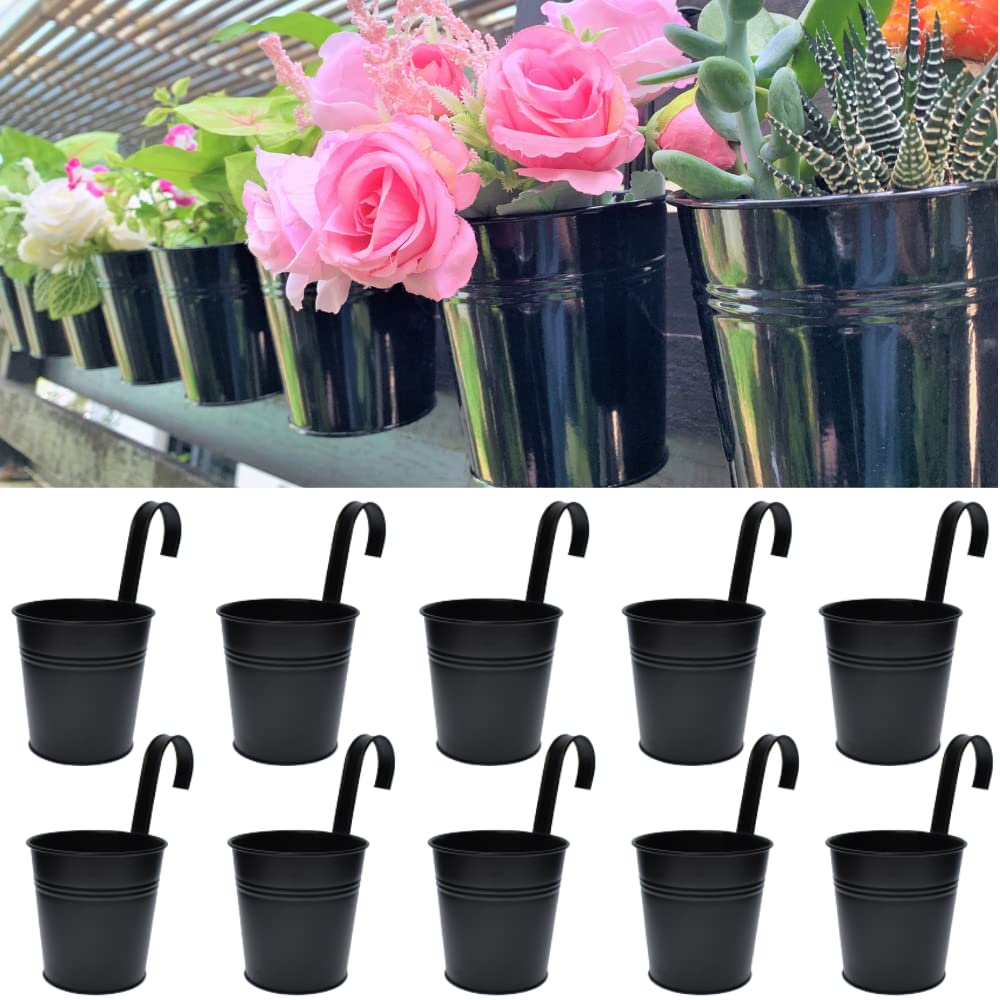 LaLaGreen Railing Planter - 10 Pack, 6 Inch Hanging Flower Pot Black, Outdoor Large Metal Iron Fence Bucket, Balcony Garden Wall Deck Porch Patio Rail Decor Hanger Hook Farmhouse Macetas para Balcon