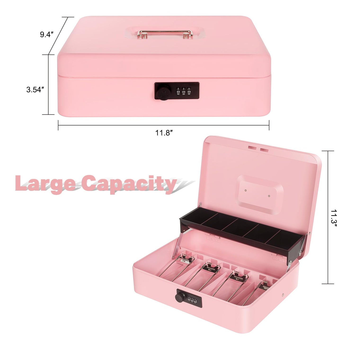 Cash Box with Combination Lock, Metal Money Box for Cash Register, Large Cash Lock Box for Money Safe 11.8" x 9.4" x 3.54" Pink
