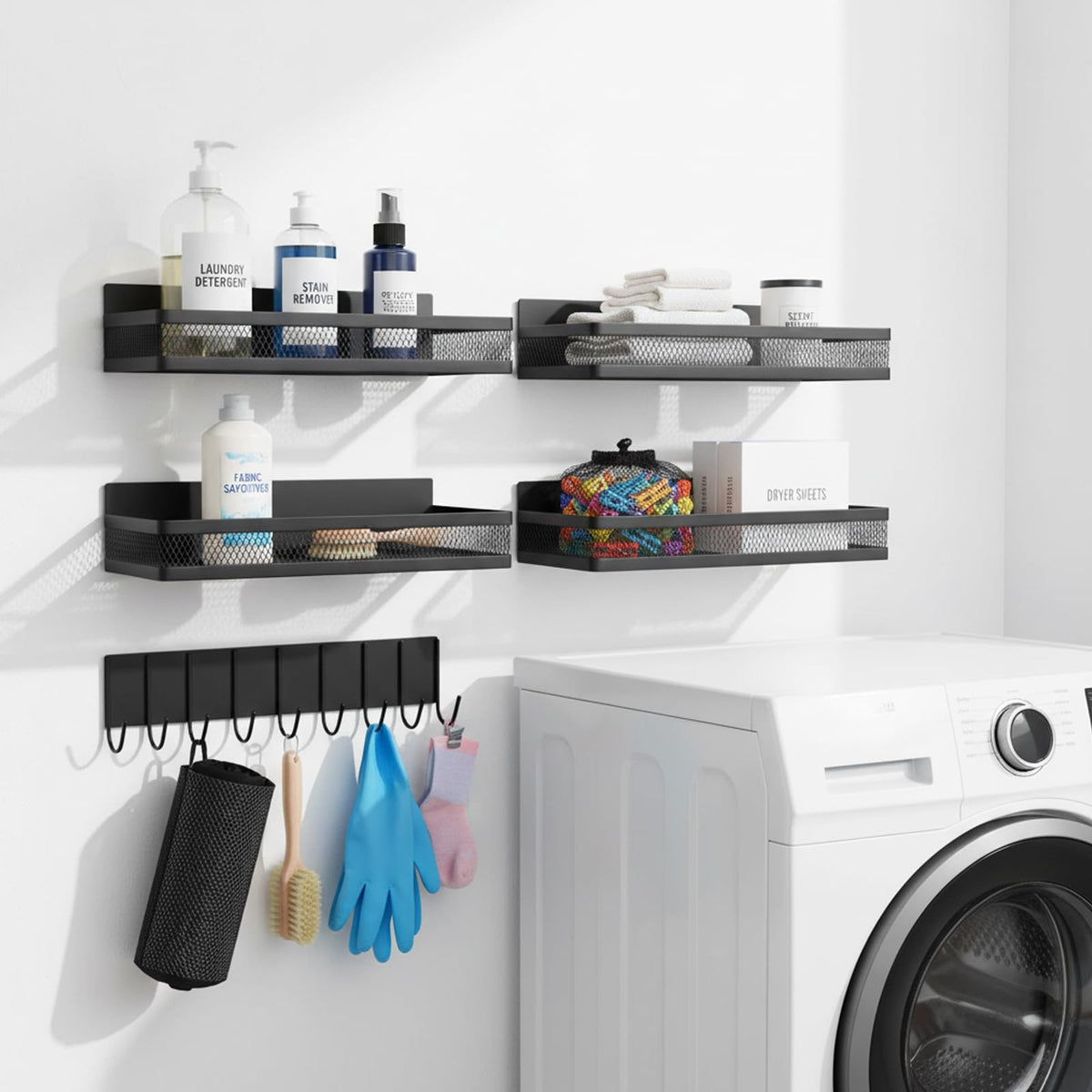 Dewsea Magnetic Shelves for Washing Machine 5 Pack, Multipurpose Metal Storage Baskets with Space-Saving Design, Magnetic Spice Rack & Laundry Organizer for Kitchen, Bathroom & Laundry Room (Black)