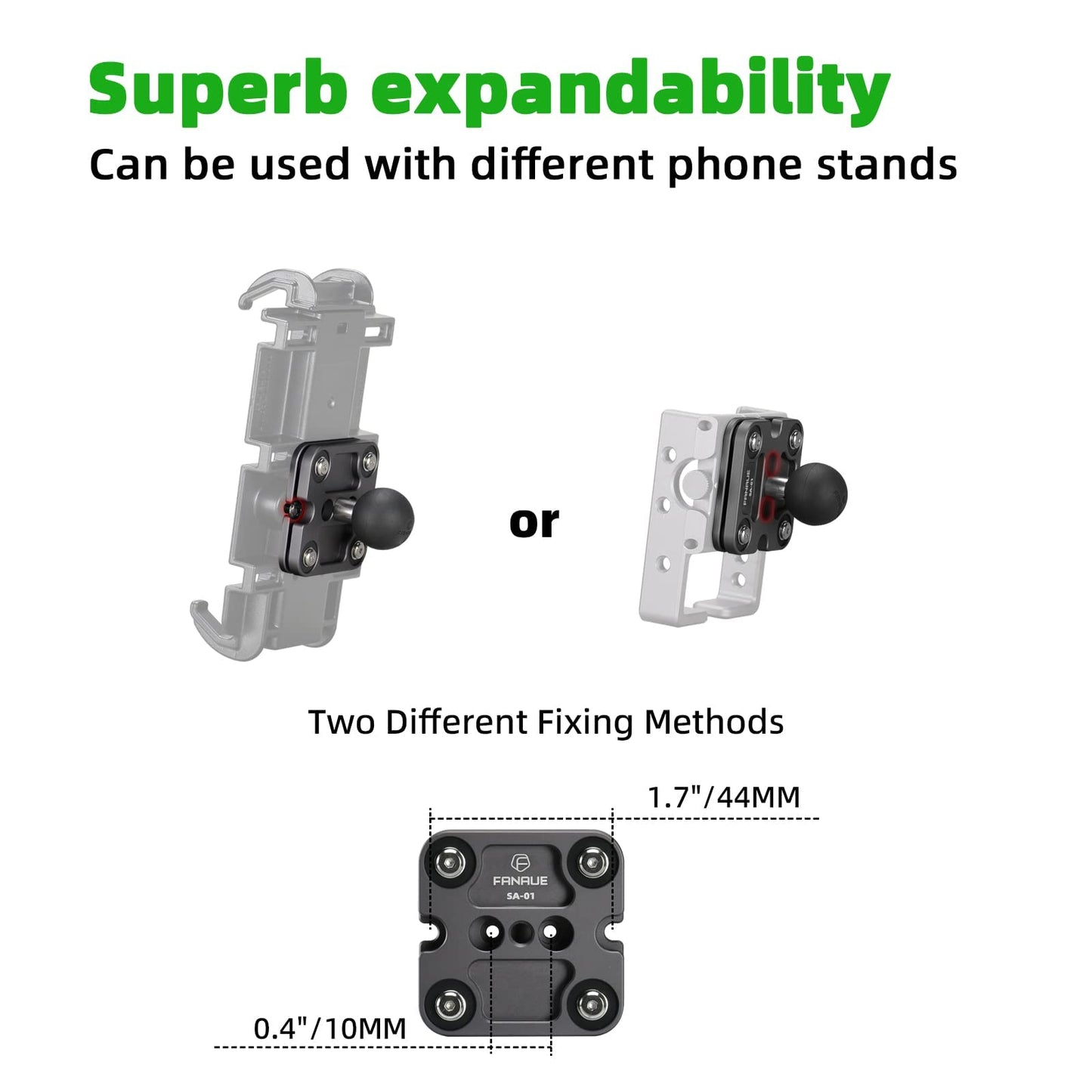 FANAUE Universal Phone Mount with 1'' Ball for Smartphones 2.3'' to 3.4'', Compatible with RAM Mounts B Size Double Socket Arm & Bike Motorcycle Cellphone Holder with Shock Absorber (CPC-07PRO)