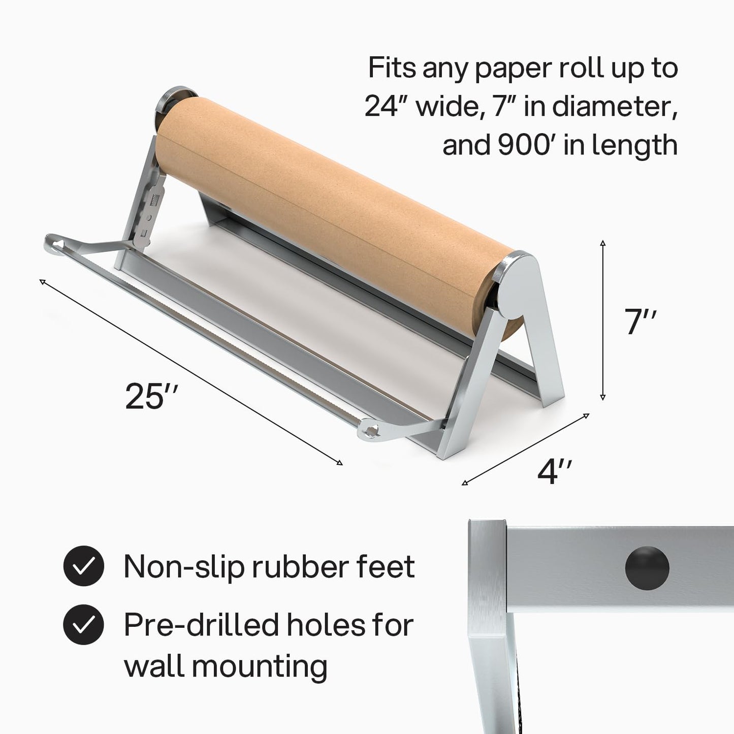 Butcher Paper Dispenser with Cutter - Large Holder for Gift Wrapping Craft Freezer Sublimation Paper Roll - Wall Mount or Tabletop - Steel Non-Slip Cutter with Serrated Blade (24-Inch)