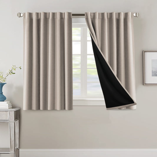 100% Blackout Curtains for Bedroom with Black Liner Full Room Darkening Curtains 45 Inches Long Thermal Insulated Back Tab/Rod Pocket Window Treatment Drapes for Living Room, Natural, 2 Panels