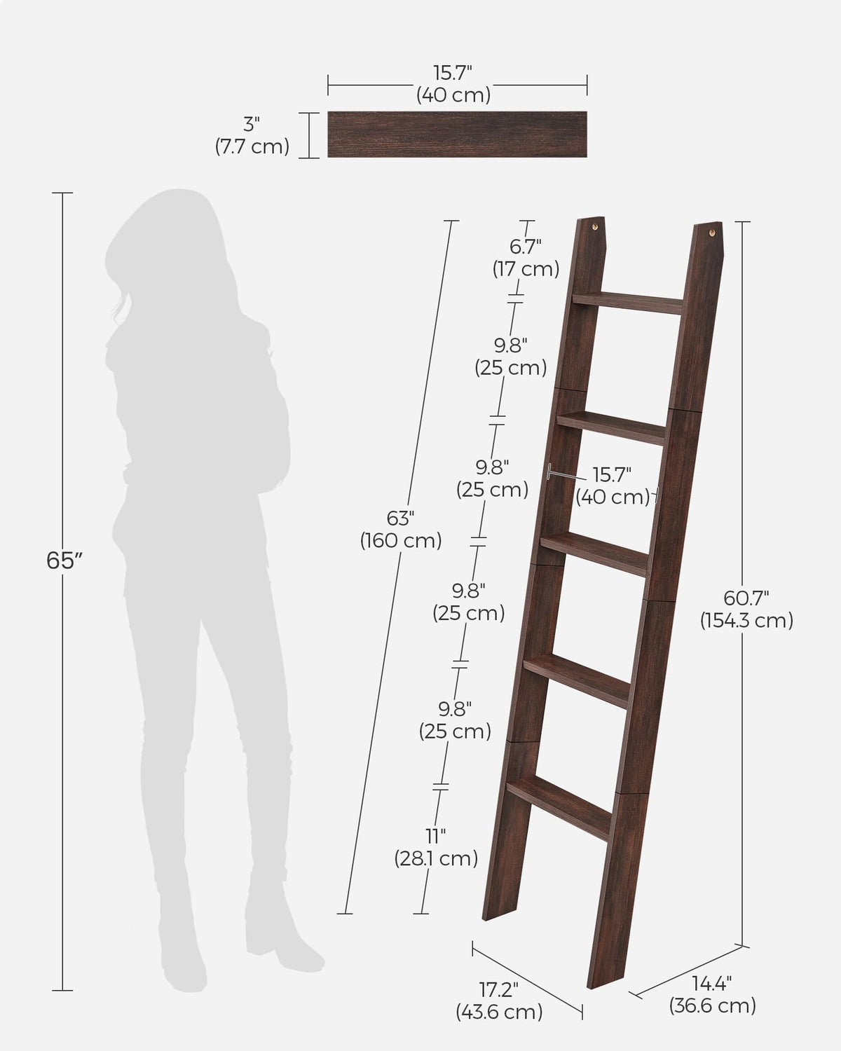 VASAGLE CUSTOS Collection - Blanket Ladder Decorative Farmhouse for the Living Room, 5-Tier Ladder Shelf, Ladder Rack for Storage and Decor, Maroon Brown ULLS018T51V1