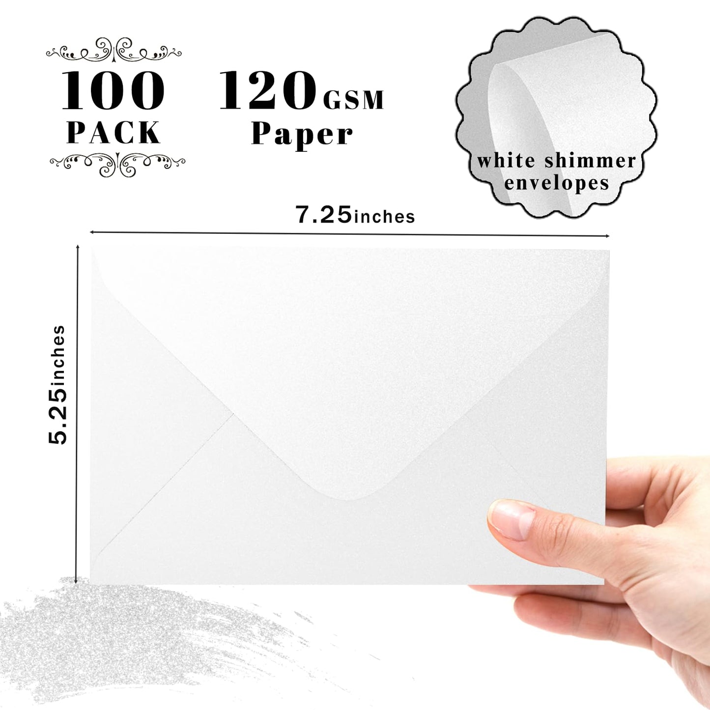 Shimmer Shiny White Envelopes 5.25 x 7.25 inches 100 PCS, Goefun A7 Euro V Flap Envelopes with Gummed Seal for 5 x 7 Cards, Wedding, Baby Showers, Birthday, Graduation