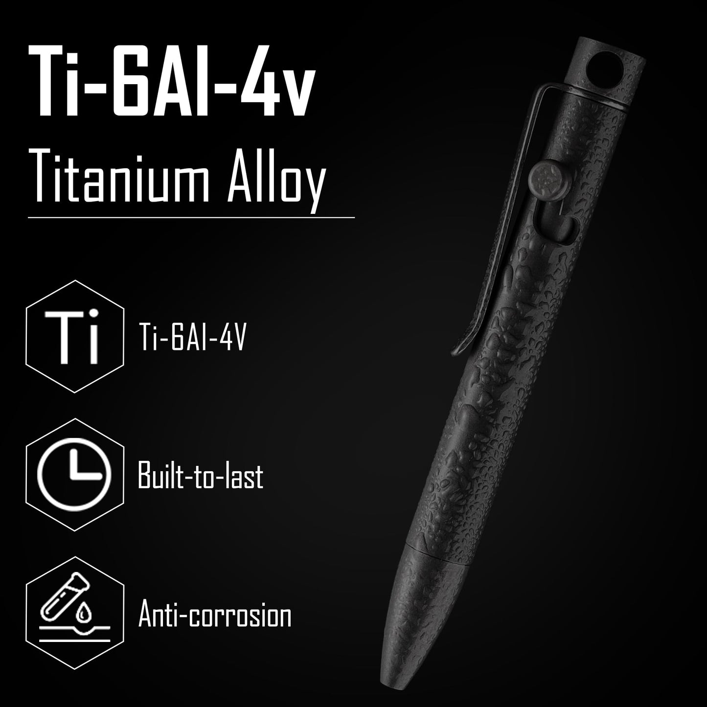 KeyUnity KP04BK Bolt Action EDC Pen with Clip, Titanium Pocket Ballpoint Pen for Everyday Carry (Black)