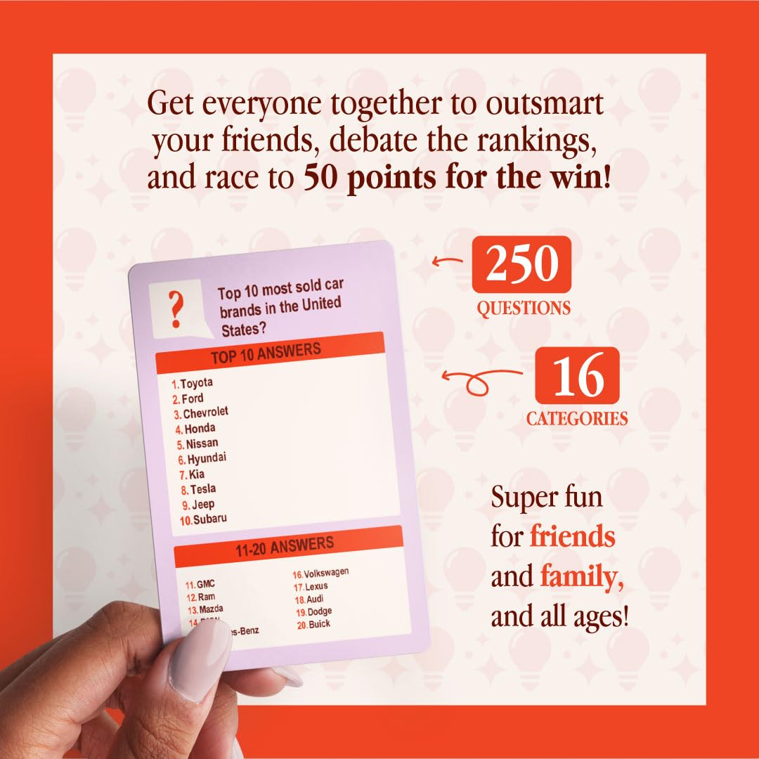 Top 10 – Trivia Card Game for Adults & Families | Casual Social Game for Friends | 3+ Players | 250 Questions (Pop Culture, Music, Sports, Geography & More)