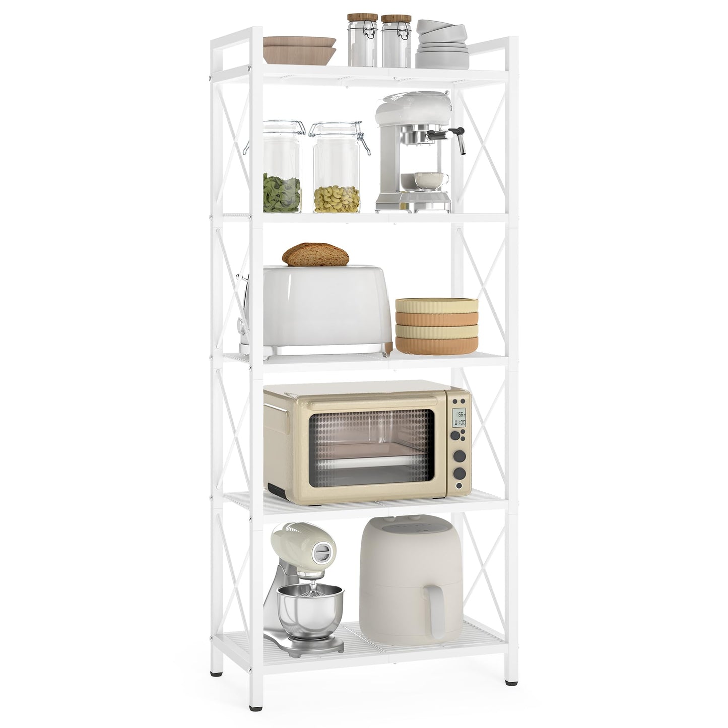SONGMICS Metal Storage Rack, Shelving Unit with X Side Frames, Dense Mesh, for Entryway, Kitchen, Living Room, Bathroom, Industrial Style, 5-Tier, 11.8 x 22.8 x 55.5 Inches, Cloud White UBSC165W01V1
