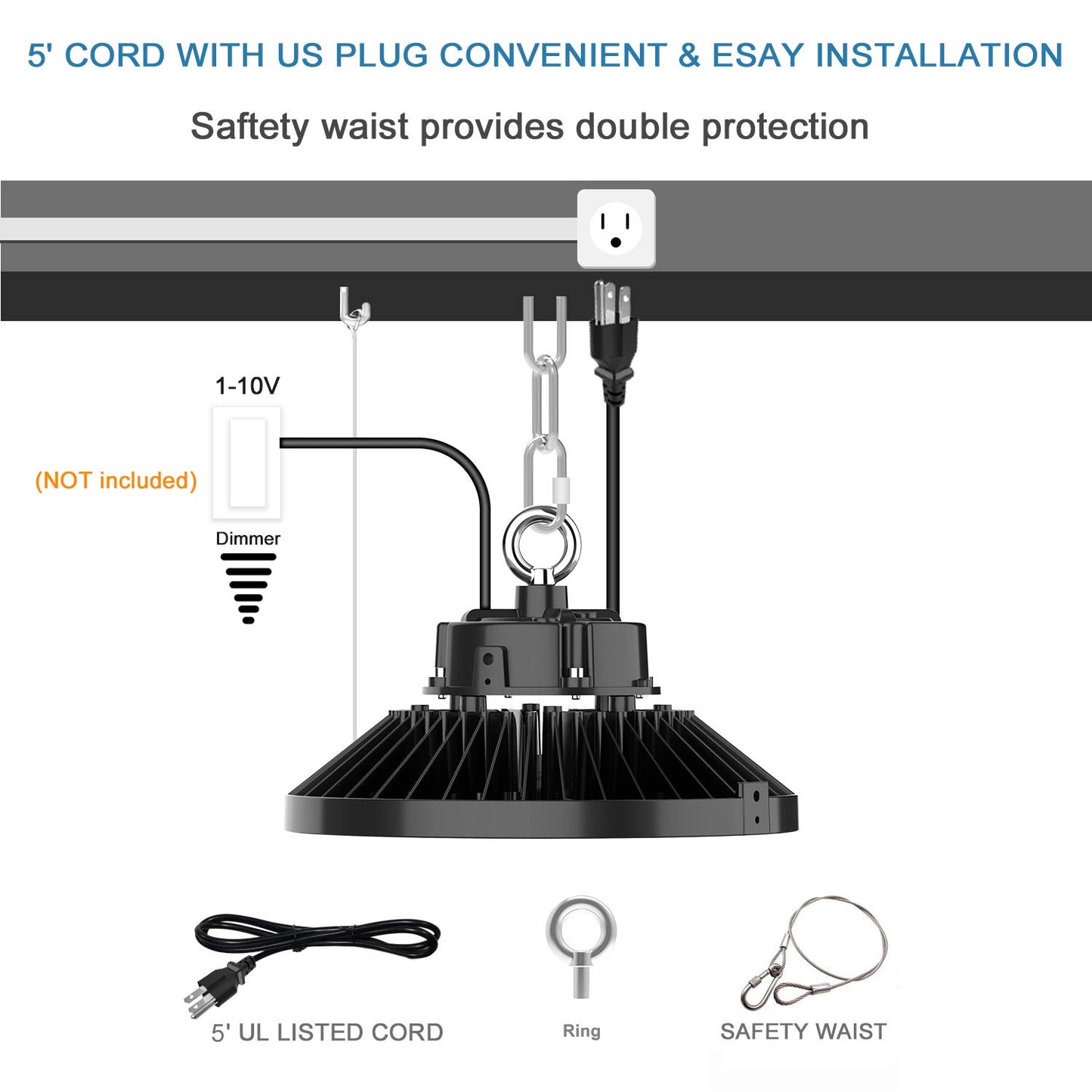 AC100-347V 150W Led High Bay Light Bulb UFO 5000k,Dimmable 22500 Lumens (600W HID/HPS Equivalent) Waterproof IP65 White (NO Plug) 1 Pack