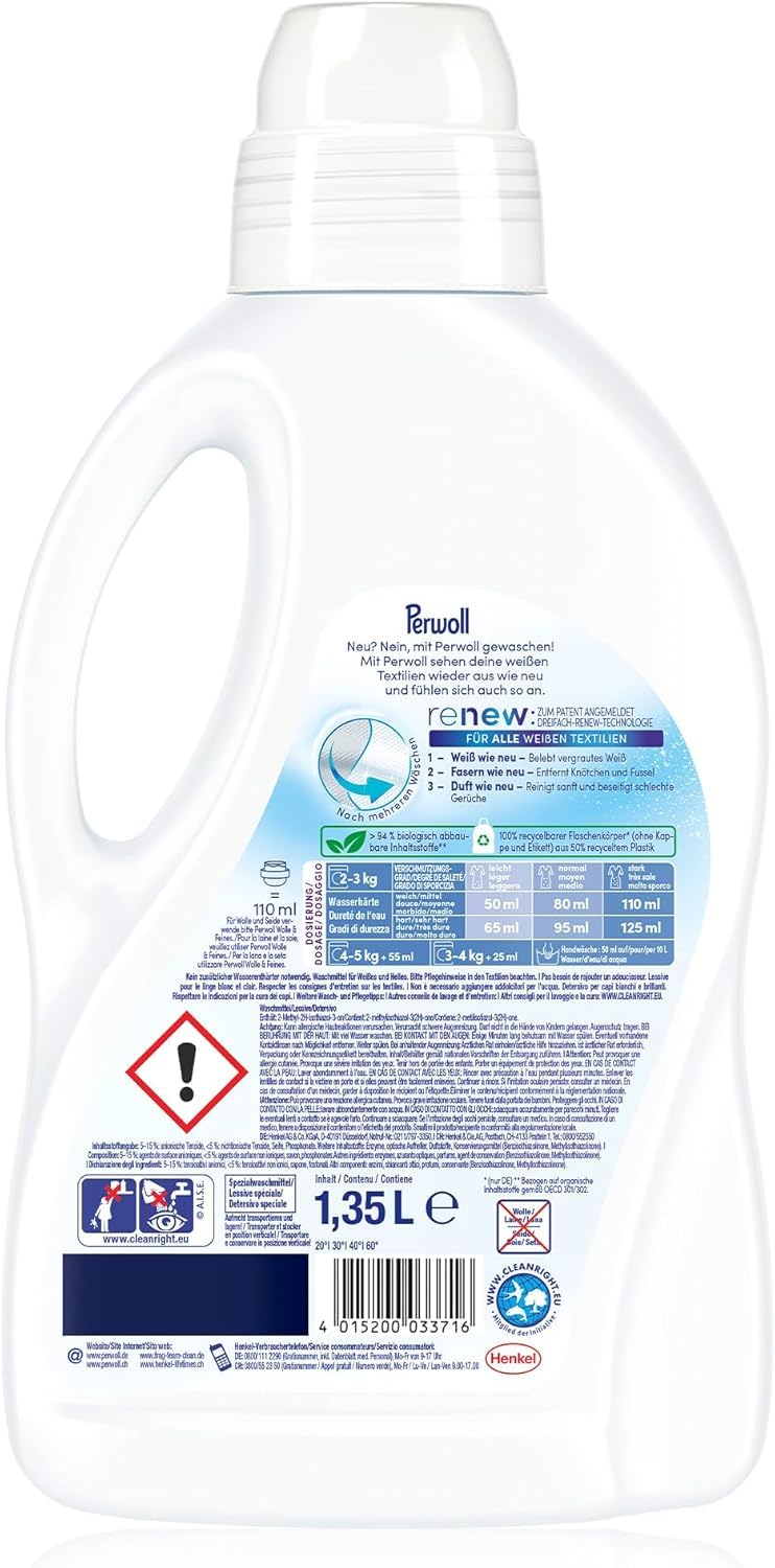 Perwoll Renew White - Liquid Detergent For White Laundry, Fine Detergent Strengthens Fibers And Improves Color Intensity (1 x 25 washes)