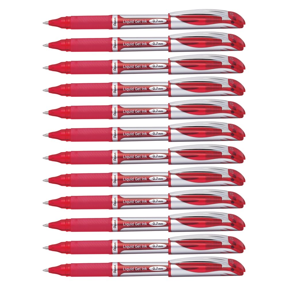 Pentel EnerGel Liquid Gel Rollerball Pen with Cap to Protect Pockets, Everyday Writing, Office Supplies, School Supplies, 0.7mm Medium Point, Silver Barrel, Red Ink, BL57-B, Box of 12