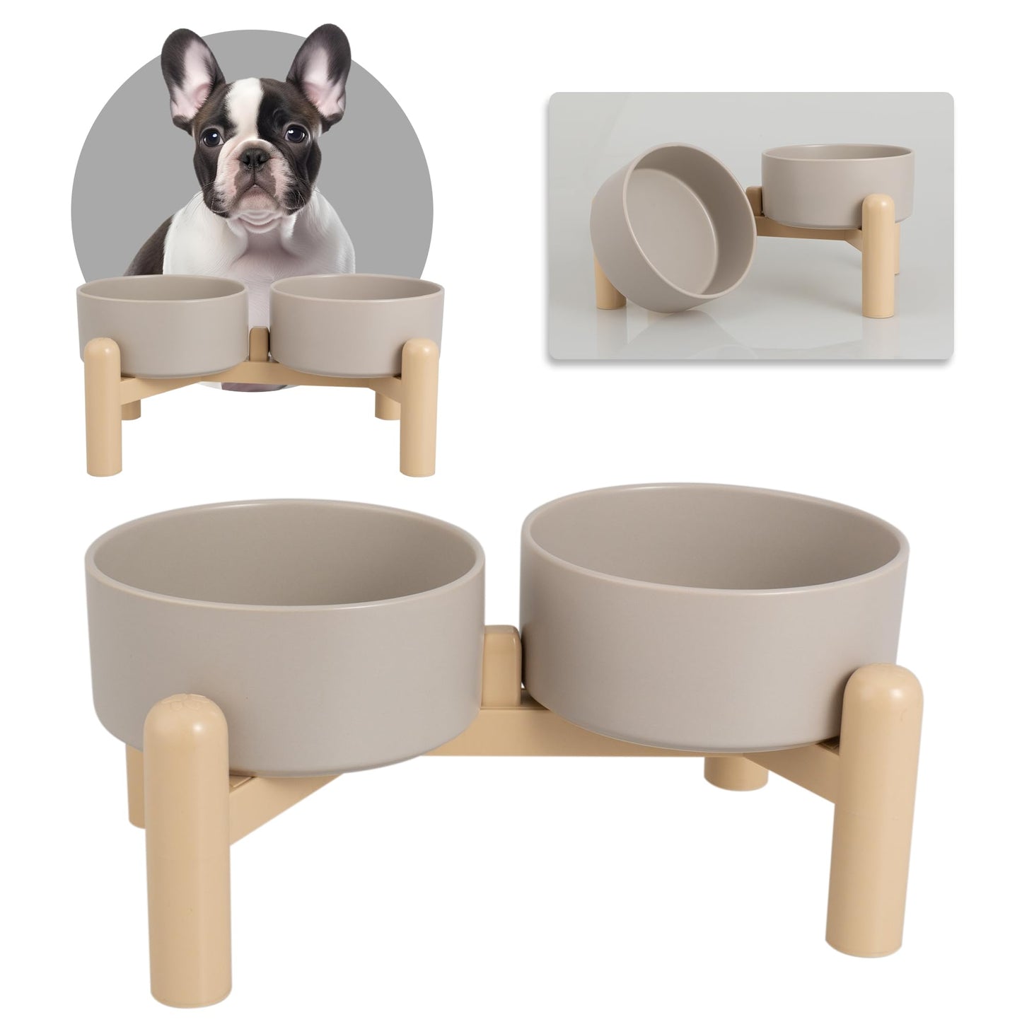 Elevated Ceramic Dog Bowl Set of 2 - Double Dishes with Non-Slip Stand - Raised Food and Water Bowls - Ideal for Small to Medium Dogs - Each Holds 2 Cups (28.75 fl oz) - Grey