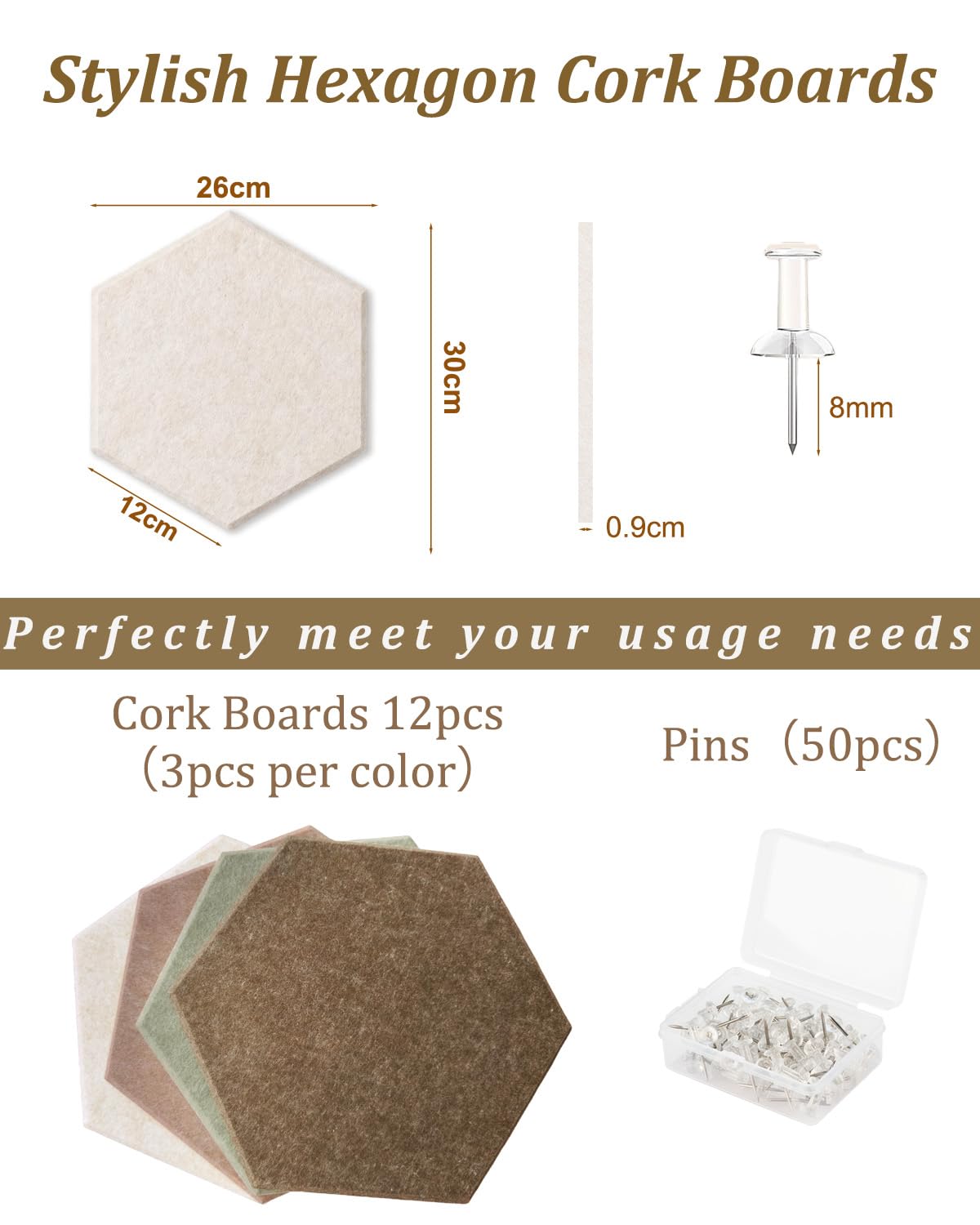 Acidea 12Pcs Hexagon Felt Cork Boards for Walls, Brown Sage Green Self-Adhesive DIY Bulletin Board Vision Board with 50 Push Pins, Pin Board for Office School Home Wall Decor Photos Display Memos