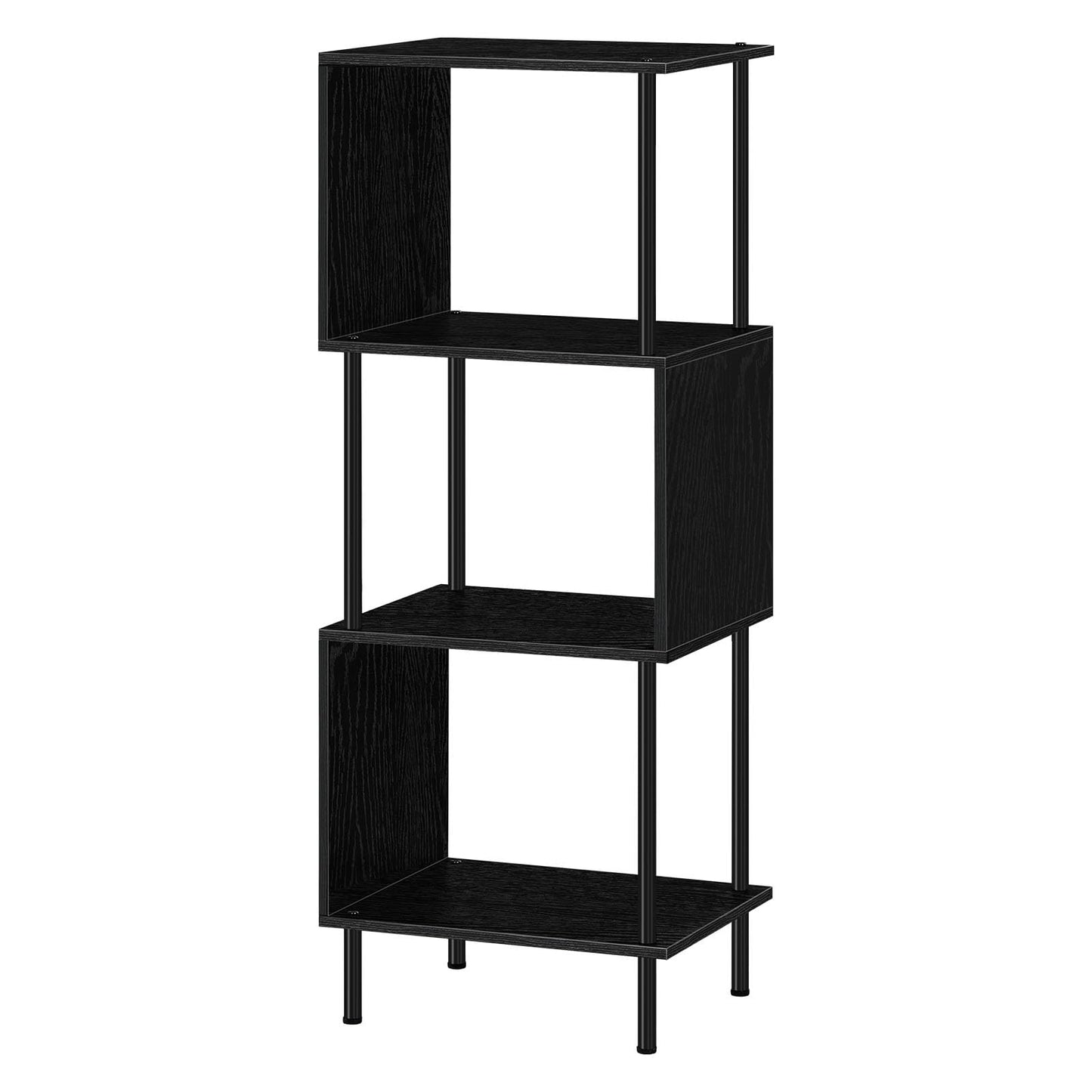 4 Tier Bookshelf for Small Spaces Narrow Black Bookcase Organizer S-Shaped Wood Corner Bookshelves for Bedroom, Study Room, Living Room and Home Office