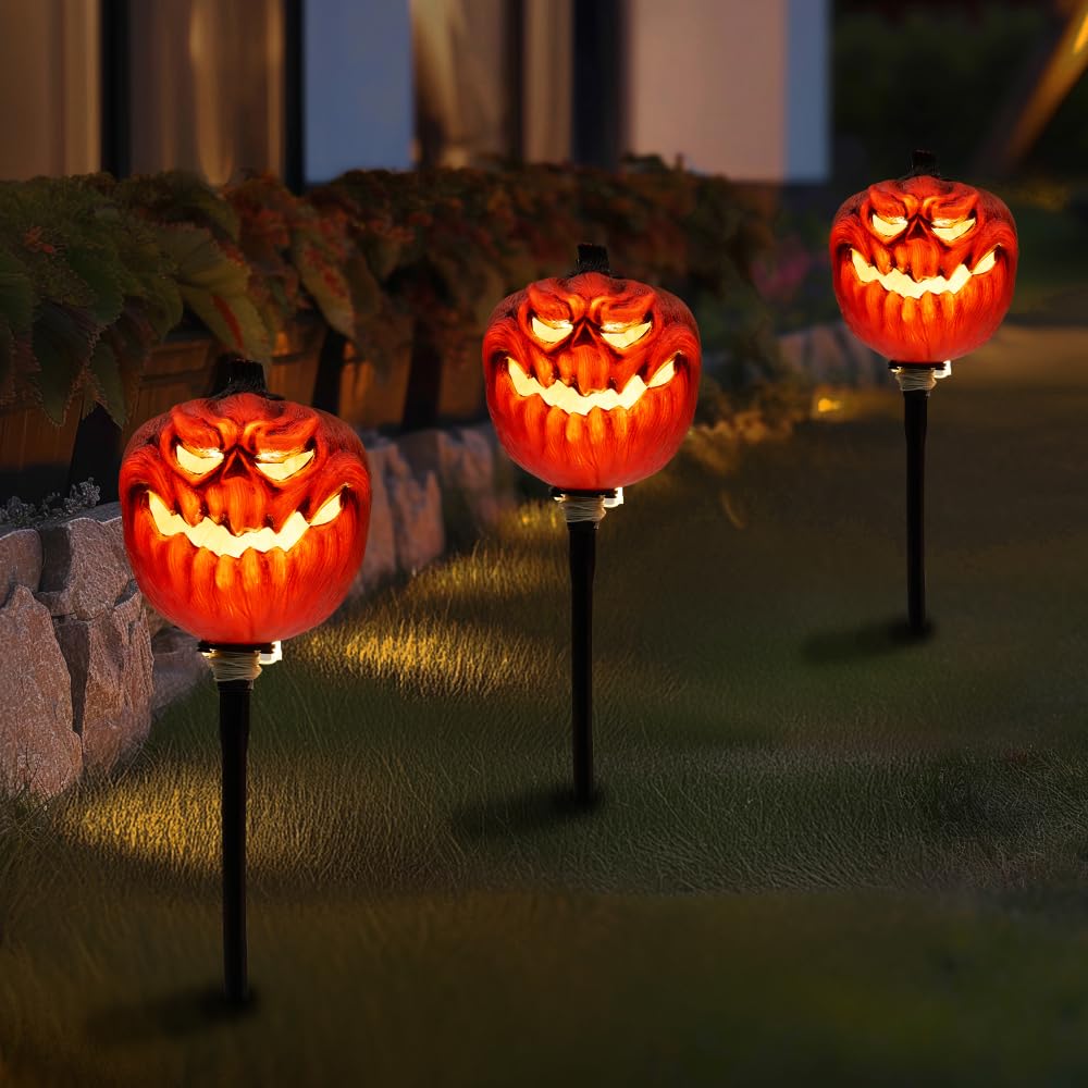 JOYIN 3 Pcs Halloween Outdoor Decorations Jack O Lantern Pumpkin Pathway Lights, Light-up Halloween Waterproof Path Maker Stakes for Graveyard Decoration Party Porch Yard Lawn Garden Decor