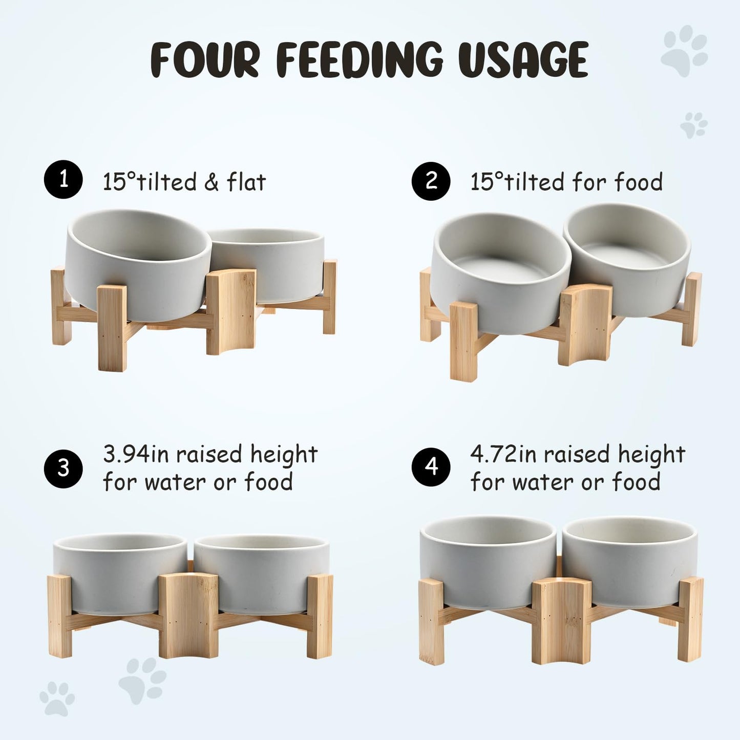 15° Slanted Ceramic Dog and Cat Bowl with Wooden Stand, Tilted Bulldog Food and Water Bowl No Slip Non-Spill for Cats Medium Dogs Big Face Pets 28.7 OZ (3.6 Cups)