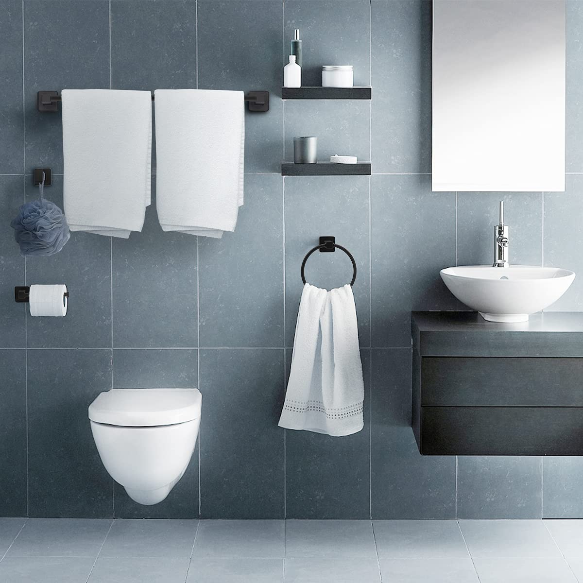 DEGULAS Bathroom Hardware Set 4 Pieces, Matte Black Towel Bar Set, Includes 24In Towel Bar, Towel Ring, Robe Towel Hooks,Toilet Paper Holder, Bathroom Towel Rack Set