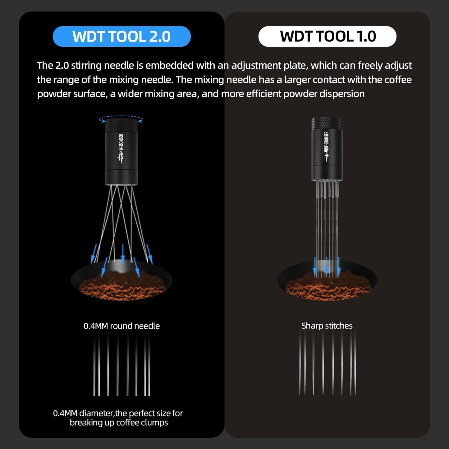 MHW-3BOMBER WDT Tool Espresso Distribution Tool with Magnetic Stand, Adjustable Needle Range, 0.4mm Stainless Steel Needles (8+6 Spare), Anti-Clumping Coffee Stirrer for 51/54/58mm Portafilter, T6126