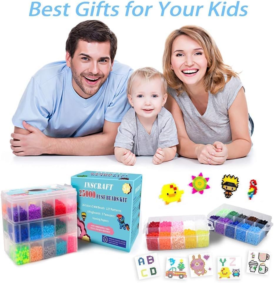 25,000 pcs Fuse Beads Kit 26 Colors 5MM, Including 127 Patterns, 4 Big Square, 1 Heart Pegboards, 1 Flower Ironing Paper, Tweezers, Beads Compatible by INSCRAFT