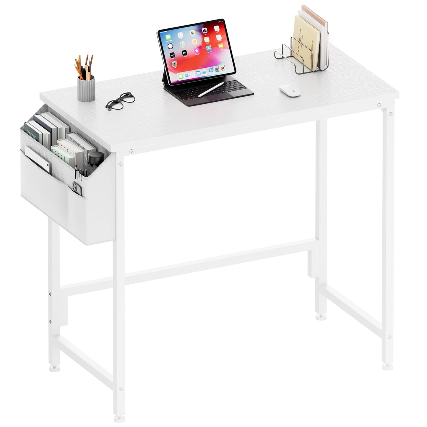 HLDIRECT 32 inch Computer Desk with Storage Bag, Home Office Desks for Small Spaces Modern Study Writing Desk with Adjustable Footpads Simple PC Gaming Desk for Home, Office(White, 32x16in)
