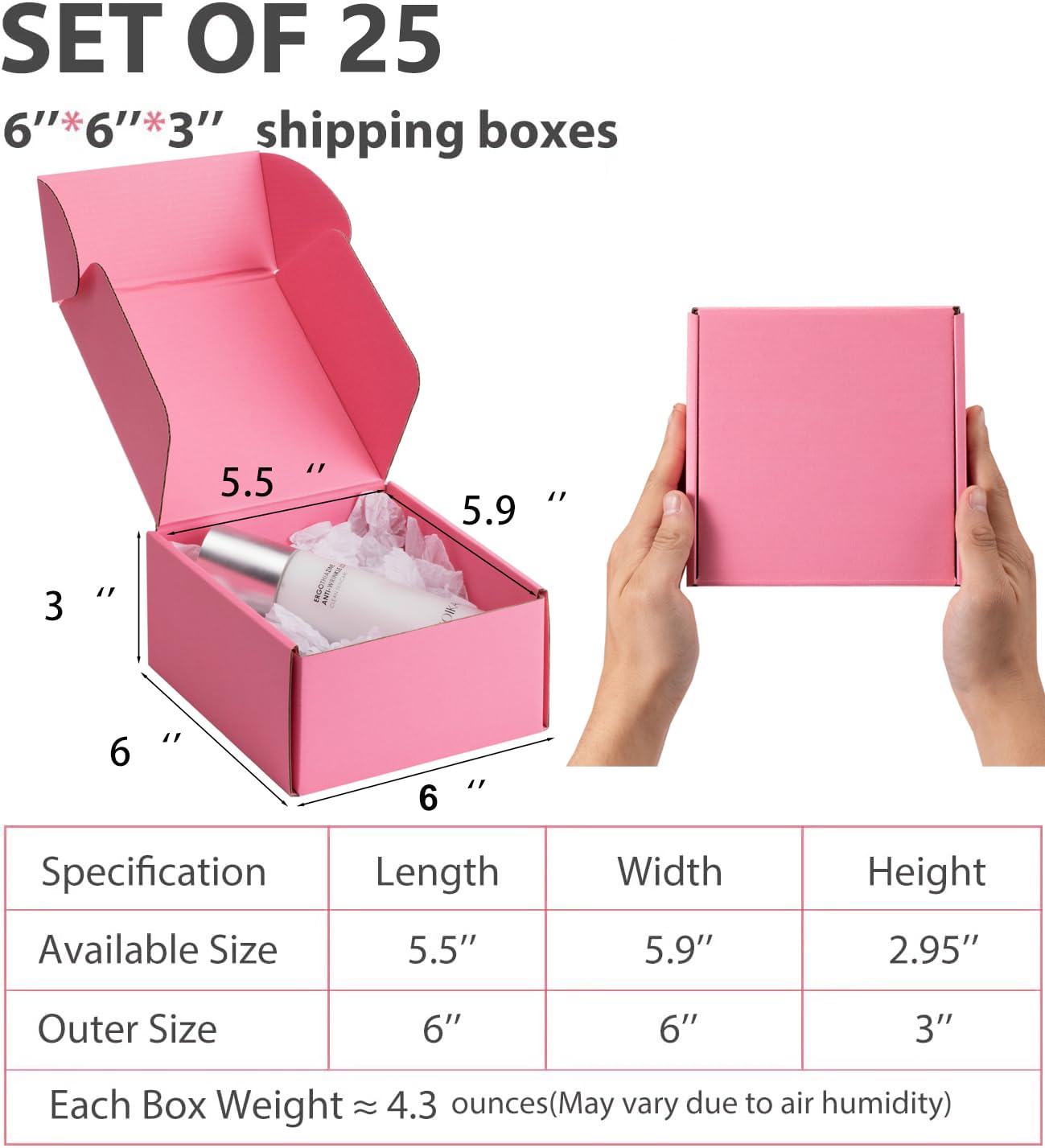 Yidomto 6x6x3 Pink Small Shipping Boxes - 25 Pack Corrugated Cardboard Mailer Boxes for Packaging, Mailing, Gift Giving | Sturdy, Recyclable, Perfect for Small Business Supplies, Ecommerce