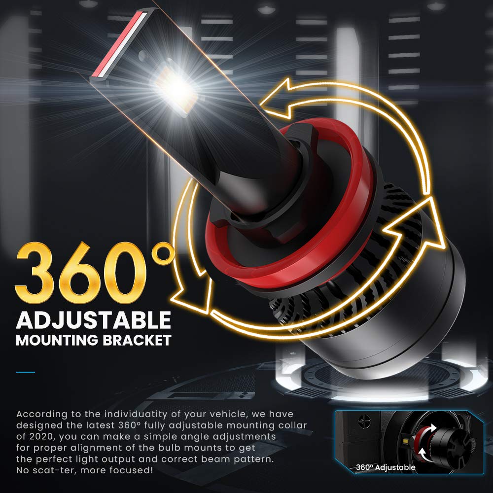 H11 LED Headlight Bulb, CAR ROVER 100W High Power 20,000LM Extremely Bright 6000K H8 H9 Conversion Kit Adjustable Beam (Pack of 2)