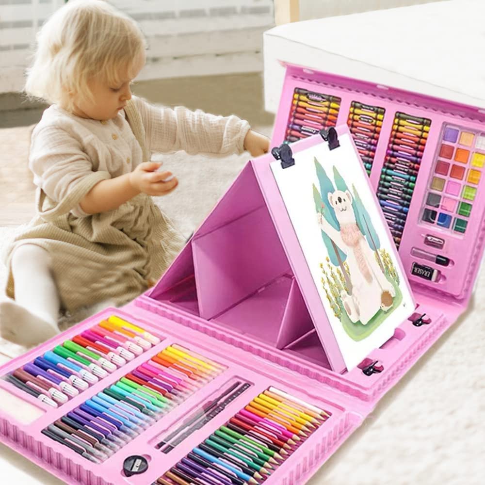 208 PCS Art Supplies,DxJ Drawing Art Kit for Beginners Adults Art Set with Double Sided Trifold Easel,Oil Pastels,Crayons,Colored Pencils, Watercolor Pens Gift for Girls Boys Artist,Pink