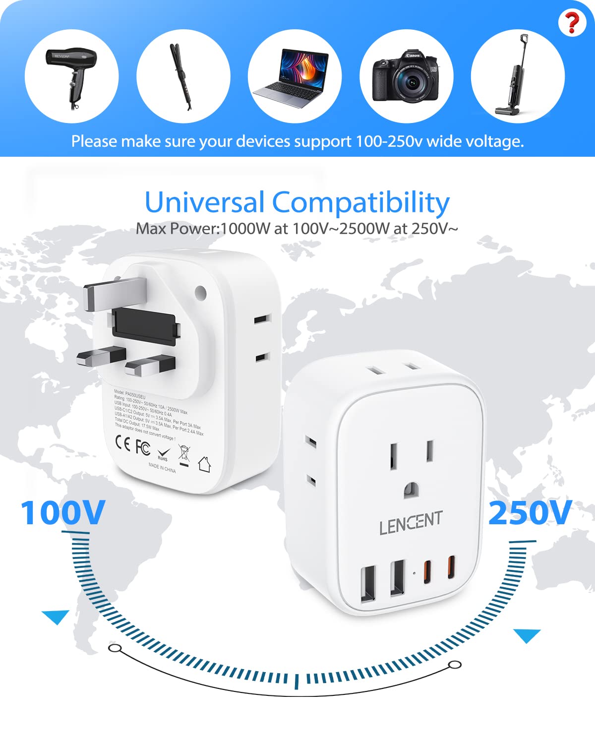 2 Pack Canada to UK Plug Adapter, LENCENT Type G Travel Adapter with 4 USB Charger(2 USB C), 4 Outlets Converter,8 in 1 Ireland Plug Adaptor for US CA to Dubai Scotland British England Hong Kong