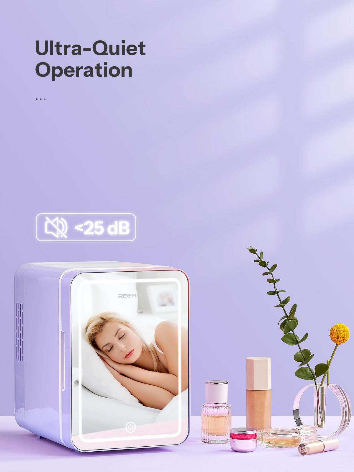 Reemix Skincare Mini Fridge With Dimmable LED Mirror, 4L Mini Makeup Refrigerator for SkinCare, Cosmetics, Food & Drinks, Portable Small Refrigerator for Bedroom, Dorm, Car, Office (Purple)
