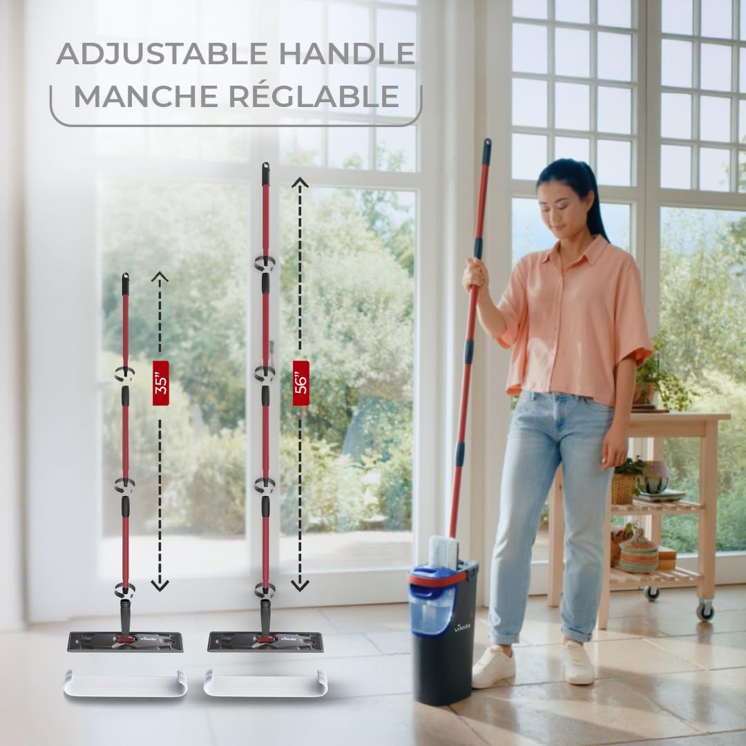Vileda H2prO Flat Mop and Bucket Set | 100% Clean & Dirty Water Separation | Wall Mop, Baseboard Cleaning Tool | Machine Washable Reusable Microfiber Mop Head | Safe on All Floor Types