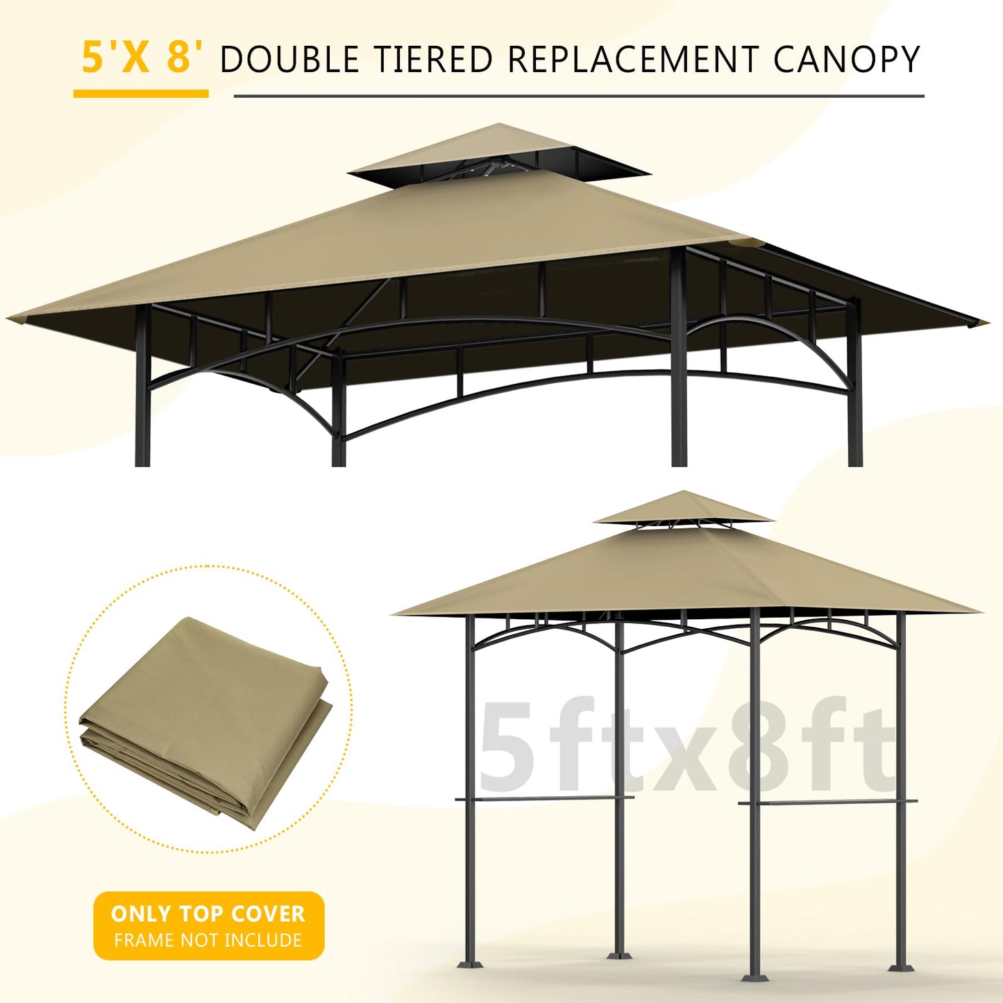 OIPUNSHLE Grill Gazebo Replacement Canopy Top, 5'x8' Top Double Tiered Replacement Canopy Roof, Grill Shelter Cover Roof Fit for Gazebo Model L-GG001PST-F (Khaki)