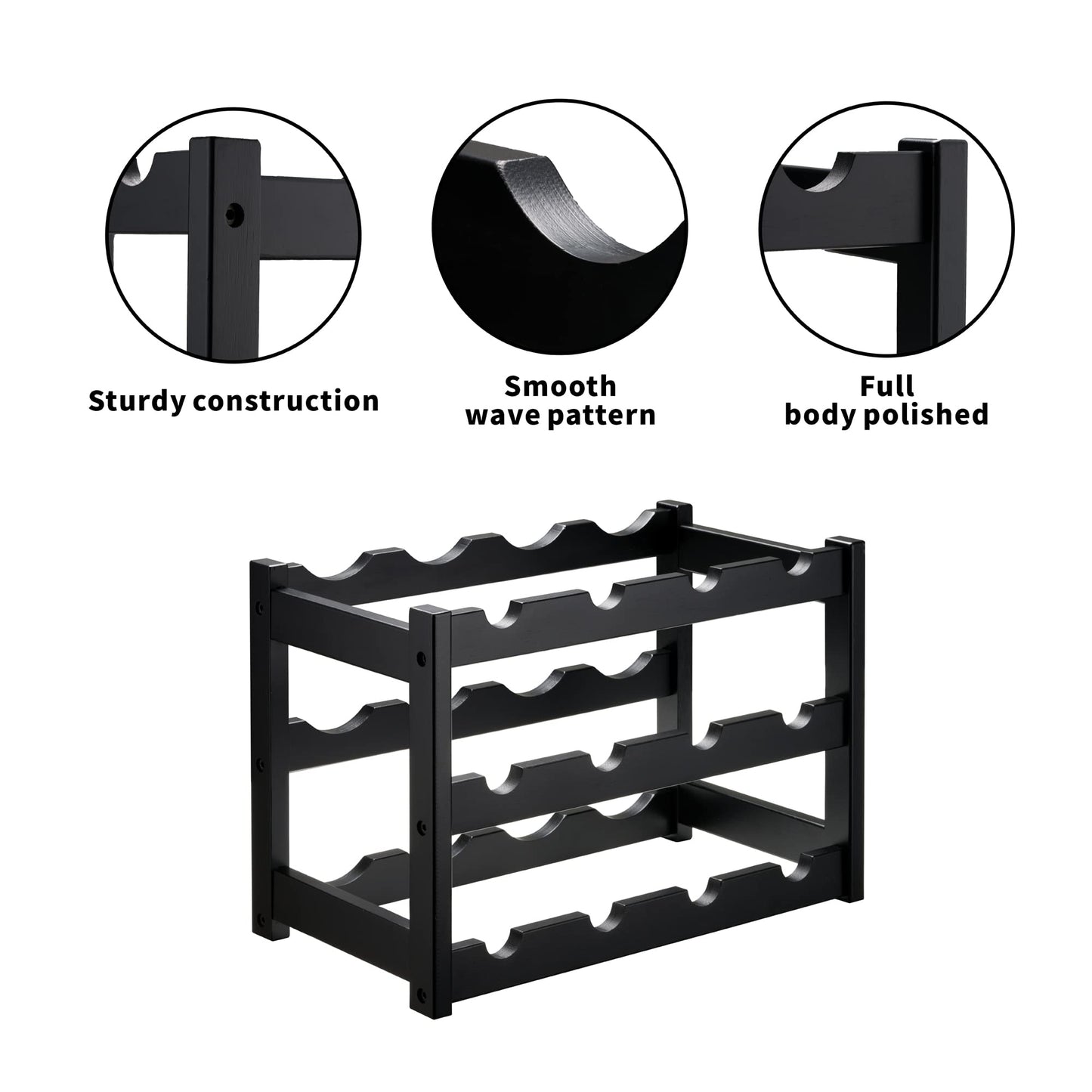 VASMIA Bamboo Wine Rack, Sturdy and Durable Wine Storage Cabinet Shelf, Wine Racks Countertop for Pantry,Kitchen,3-Tier 12 Bottles Wine Rack,Black