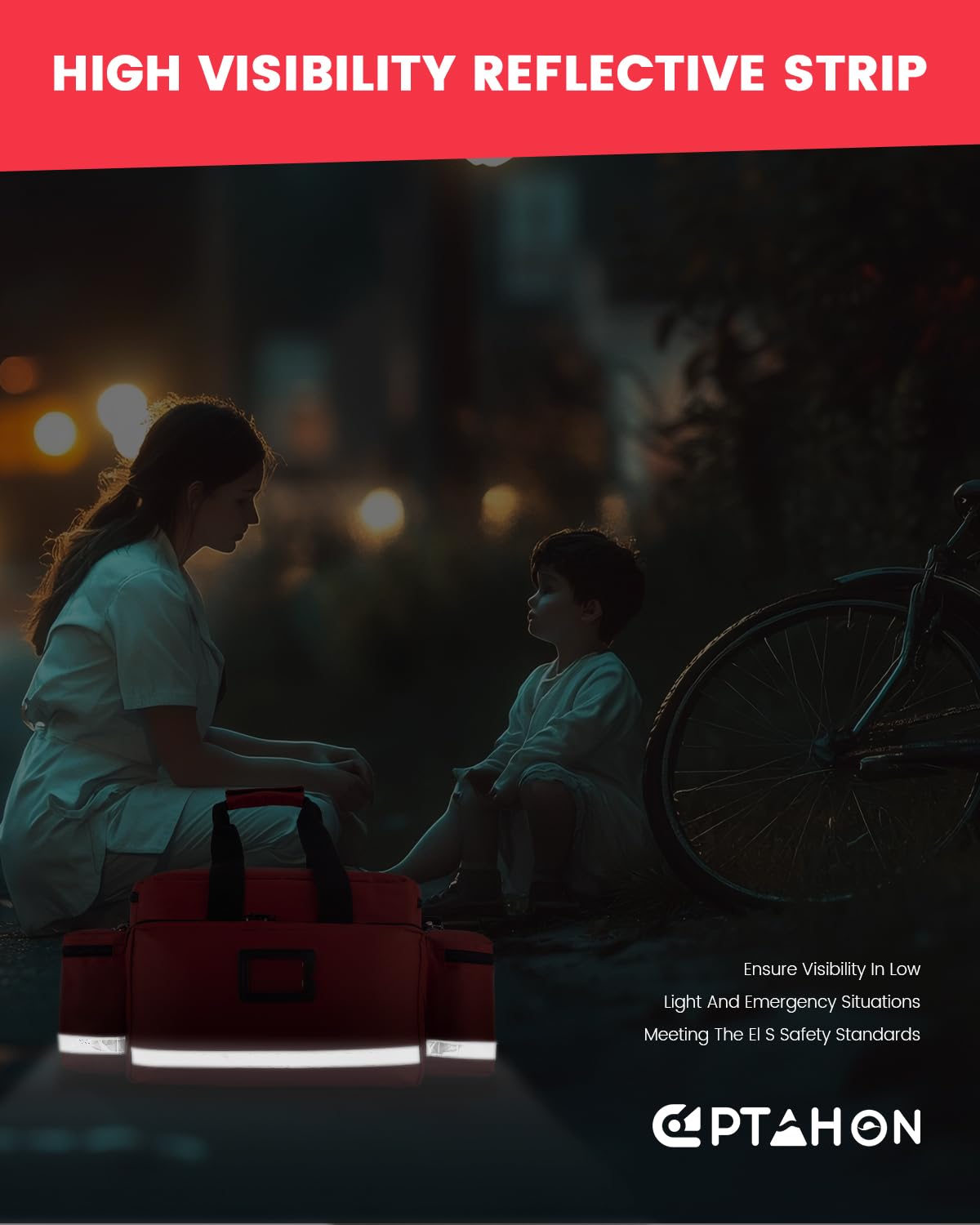 PTAHON Medical Bag - First Aid Bag Empty, EMT Bag for EMTs, Paramedics & First Responders, 25.8" Water-Resistant, 360° Reflective, 4 Dividers, 3 Removable Transparent Pouches, Padded Detachable Strap