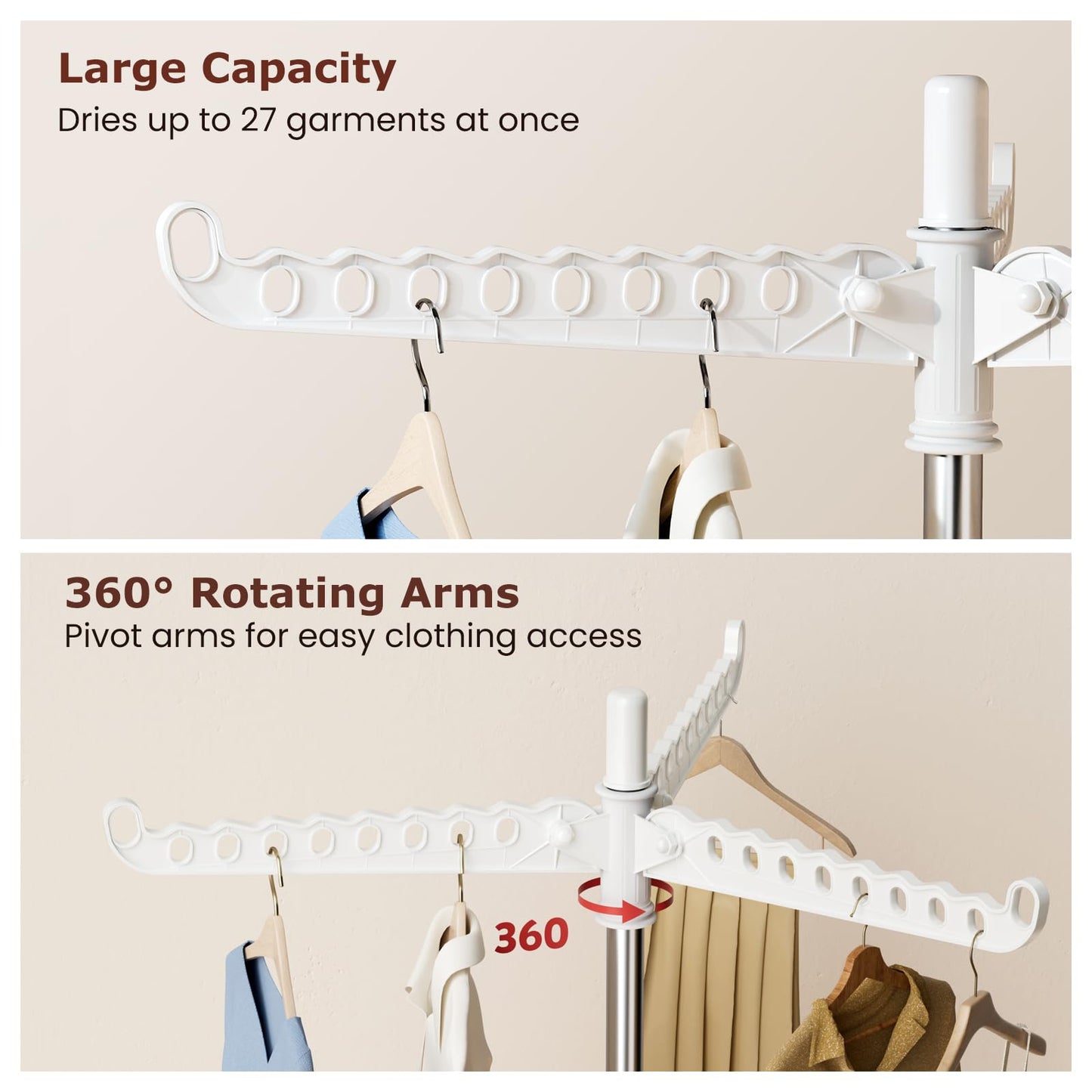 Abiglifty Clothes Drying Rack, 60-Inch Foldable and Rotatable Clothes Drying Rack, Folding Laundry Rack with 3 Rotatable Arms, Free Standing Laundry Racks for Indoor or Balcony Use, 154 cm H, White