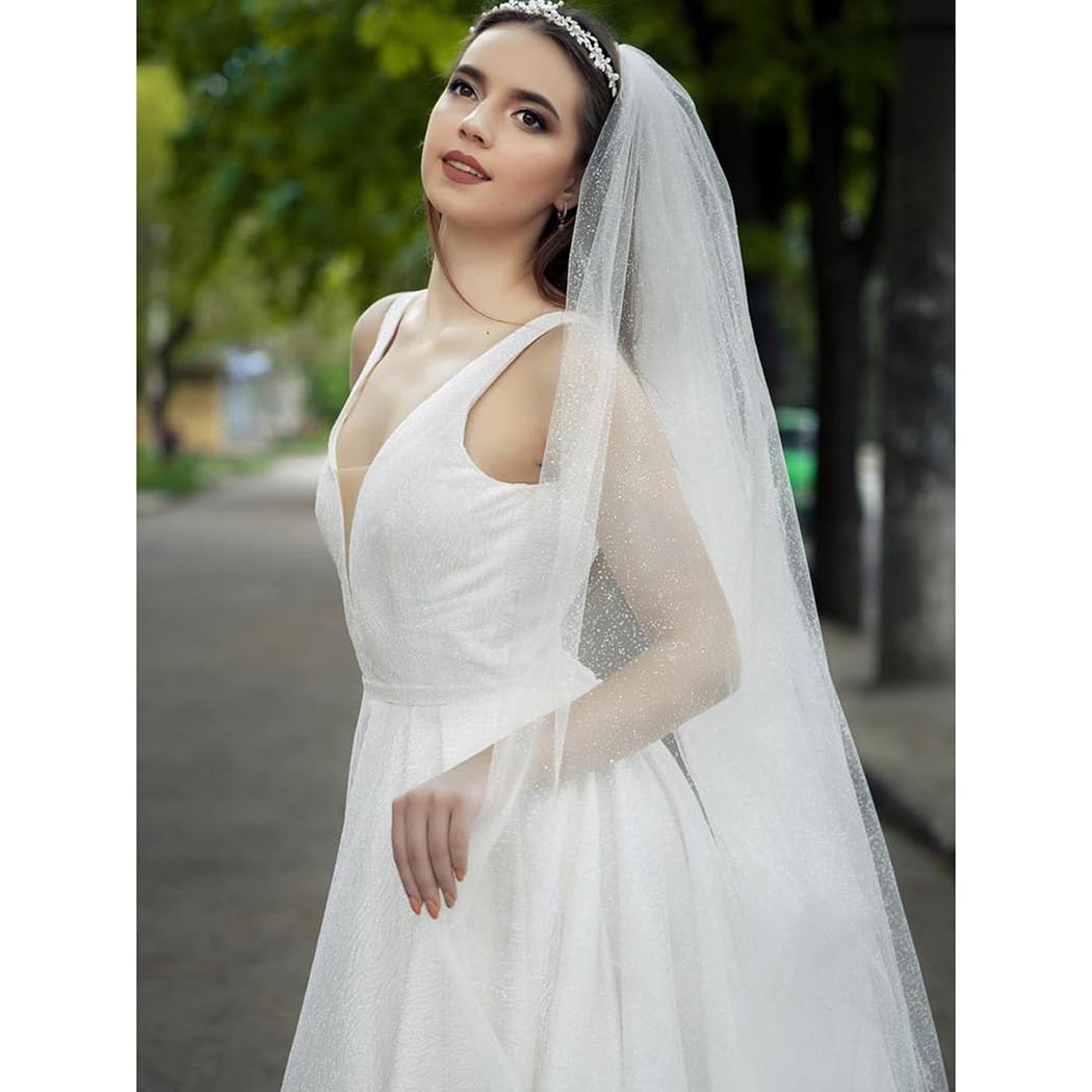 Unsutuo Wedding Veil Comb Bridal Cathedral Veil 1 Tier Drop Veil Wedding Hair Comb for Brides, 118 Inches, Sparkling White, 118 Inches